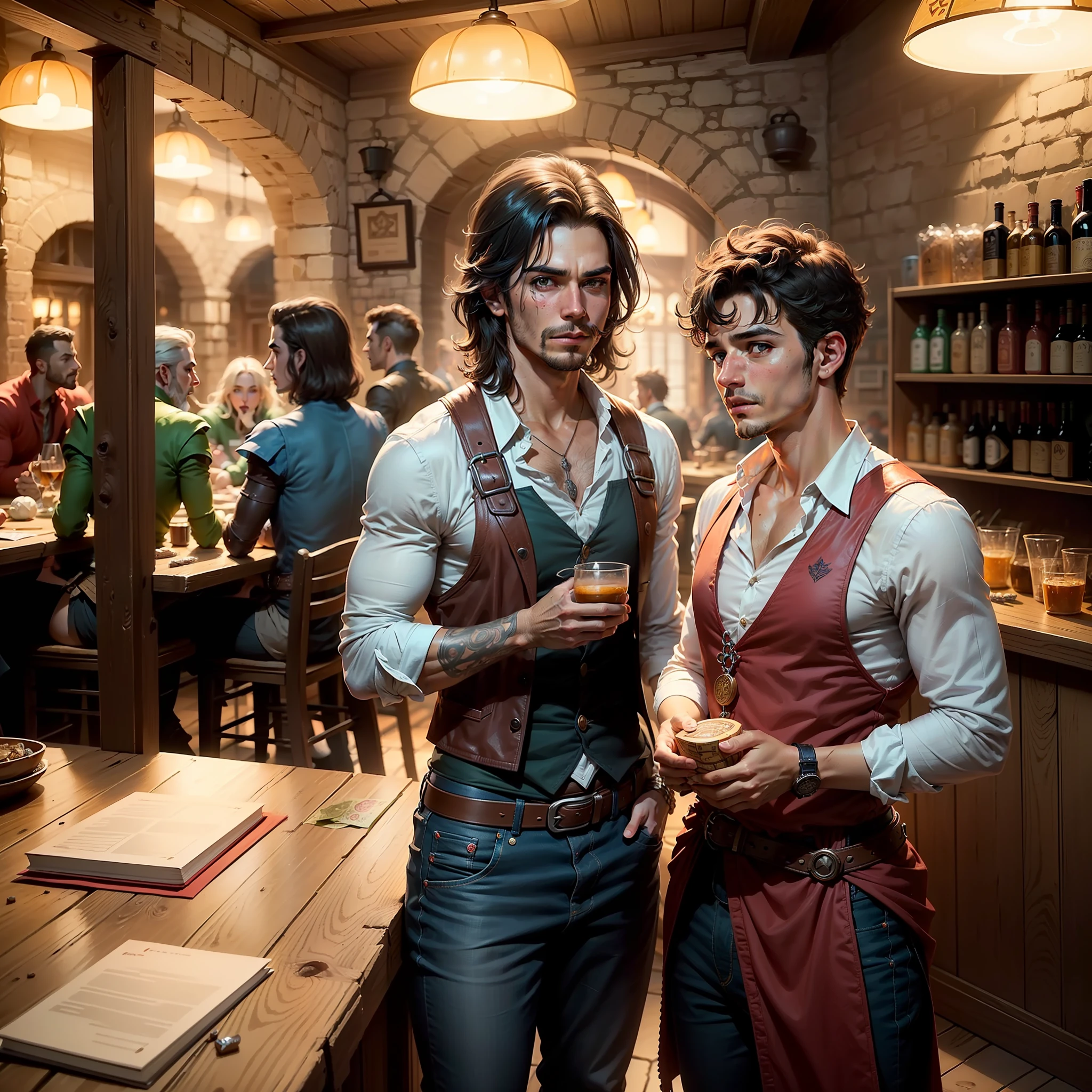 (((Um grupo de amigos jogando D&D))). ((RPG de mesa). (Estilo livro de D&D). Background uma taverna. (Subliminar, jovem sensual) --auto