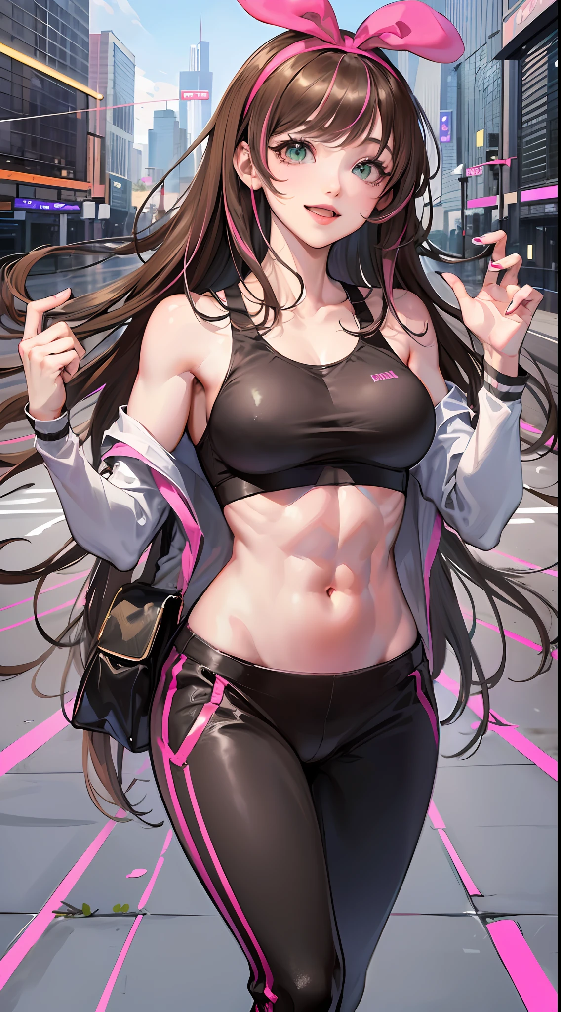 (Best quality, 8k, 32k, Masterpiece, UHD:1.2), kizuna ai, large breasts,long hair, brown hair, multicolored hair, floating hair, pink hairband, pink highlights, streaked hair, smiling, pink sports bra, black jogging pants, navel, road, muscular abs, six packs