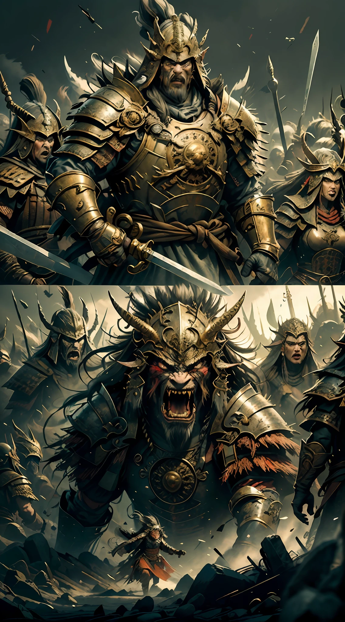 A chaotic image of a medieval battlefield engulfed in chaos. Elfos e orcs se enfrentam em uma luta intensa e desesperada. The composition reveals a scenario full of action, with fallen bodies and debris scattered on the ground. Os elfos, agile and graceful, esquivar-se habilmente dos ataques brutais dos orcs. Enquanto alguns elfos empunham espadas com maestria, others unleash devastating arcane spells. em contrapartida, orcs demonstrate relentless ferocity, wielding axes and hammers with frightening force. The scene is a whirlwind of movement and violence, depicting the rage of war between elves and orcs.((obra-prima))), (((melhor qualidade))), ((ultra-detalhado)), (hiper-realista), (Highly detailed CG illustration), cinematic lightin, intrincado eaba detalhado, capa vermelha, spear, montada em um cavalo