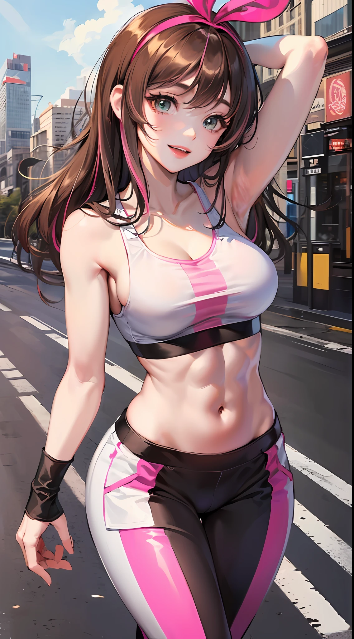 (Best quality, 8k, 32k, Masterpiece, UHD:1.2), kizuna ai, large breasts,long hair, brown hair, multicolored hair, floating hair, pink hairband, pink highlights, streaked hair, smiling, pink sports bra, black jogging pants, navel, road, muscular abs, six packs