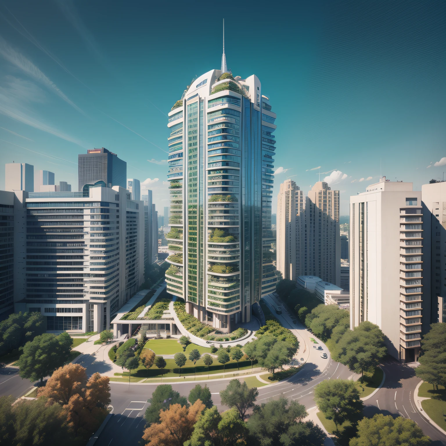 Futuristic architecture, arquitetura premiada, skyscraper architectureCity, photographic style, Rendering, Alameda de plane trees, Highly detailed dream building in the architectural styles of Oscar Niemeyer and Ernst Haeckel :: arquiteturacore :: High contrast wide avenue in front full of trees, plane trees