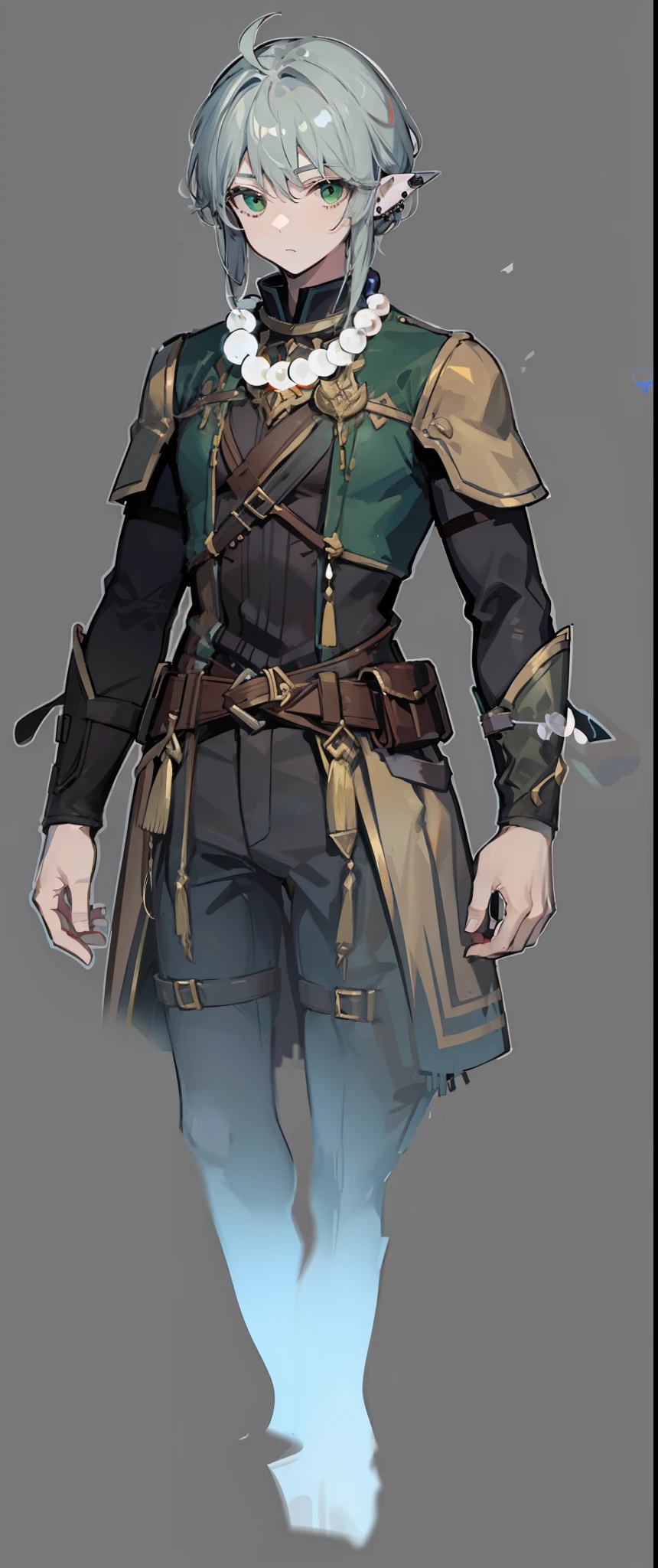 1character, male, wearing pearl necklace, Piercing green eyes, depth of knowledge and wisdom. Flowing silver hair, fair complexion. Tall and lean, graceful and agile presence, formidable archer. (masterpiece:1.2), (best quality:1.3)