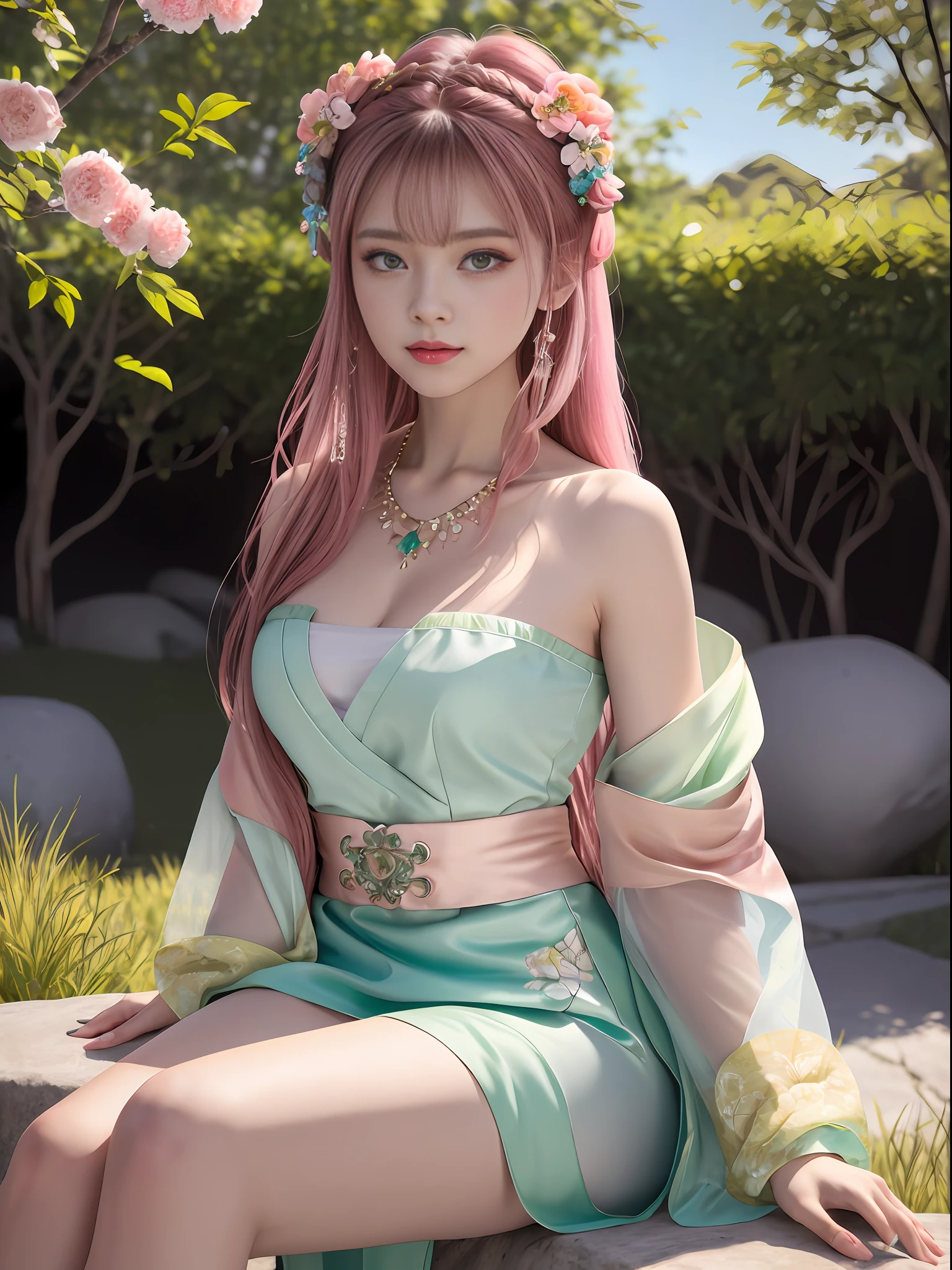 Best Quality, Masterpiece, High Resolution, 4K, 8K, Very Realistic, Real, Photography, Photo, 1girl, Solo, Mature Girl, Fairy, (Gorgeous Detailed Hanfu), Light Green Hanfu, Light Green Dress Bandeau, cleavage, leaky shoulders, sitting on stone, facing the audience, exuding charm, (high detail skin: 1.2), beautiful Peugeot face, (big eyes), blush, star pupils, (very detailed skin), pink hair, (beautiful hair accessories), necklace, jewelry, slim figure, Outdoor, courtyard, full of peach blossoms, rich background, light sense, 8K uhd, DSLR, soft light, high quality, volumetric light, candid shot
