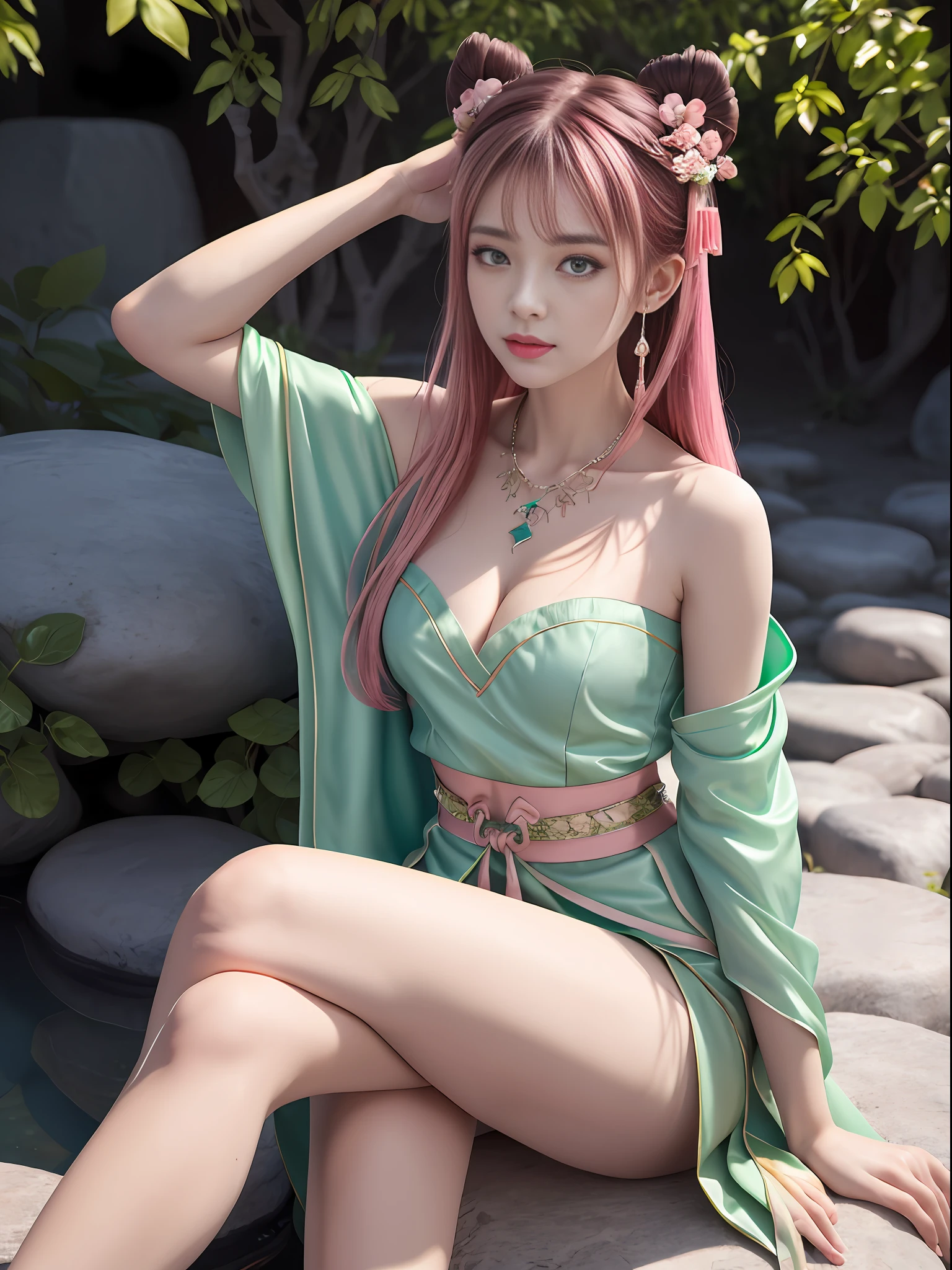 Best Quality, Masterpiece, High Resolution, 4K, 8K, Very Realistic, Real, Photography, Photo, 1girl, Solo, Mature Girl, Fairy, (Gorgeous Detailed Hanfu), Light Green Hanfu, Light Green Dress Bandeau, cleavage, leaky shoulders, sitting on stone, facing the audience, exuding charm, (high detail skin: 1.2), beautiful Peugeot face, (big eyes), blush, star pupils, (very detailed skin), pink hair, (beautiful hair accessories), necklace, jewelry, slim figure, Outdoor, courtyard, full of peach blossoms, rich background, light sense, 8K uhd, DSLR, soft light, high quality, volumetric light, candid shot