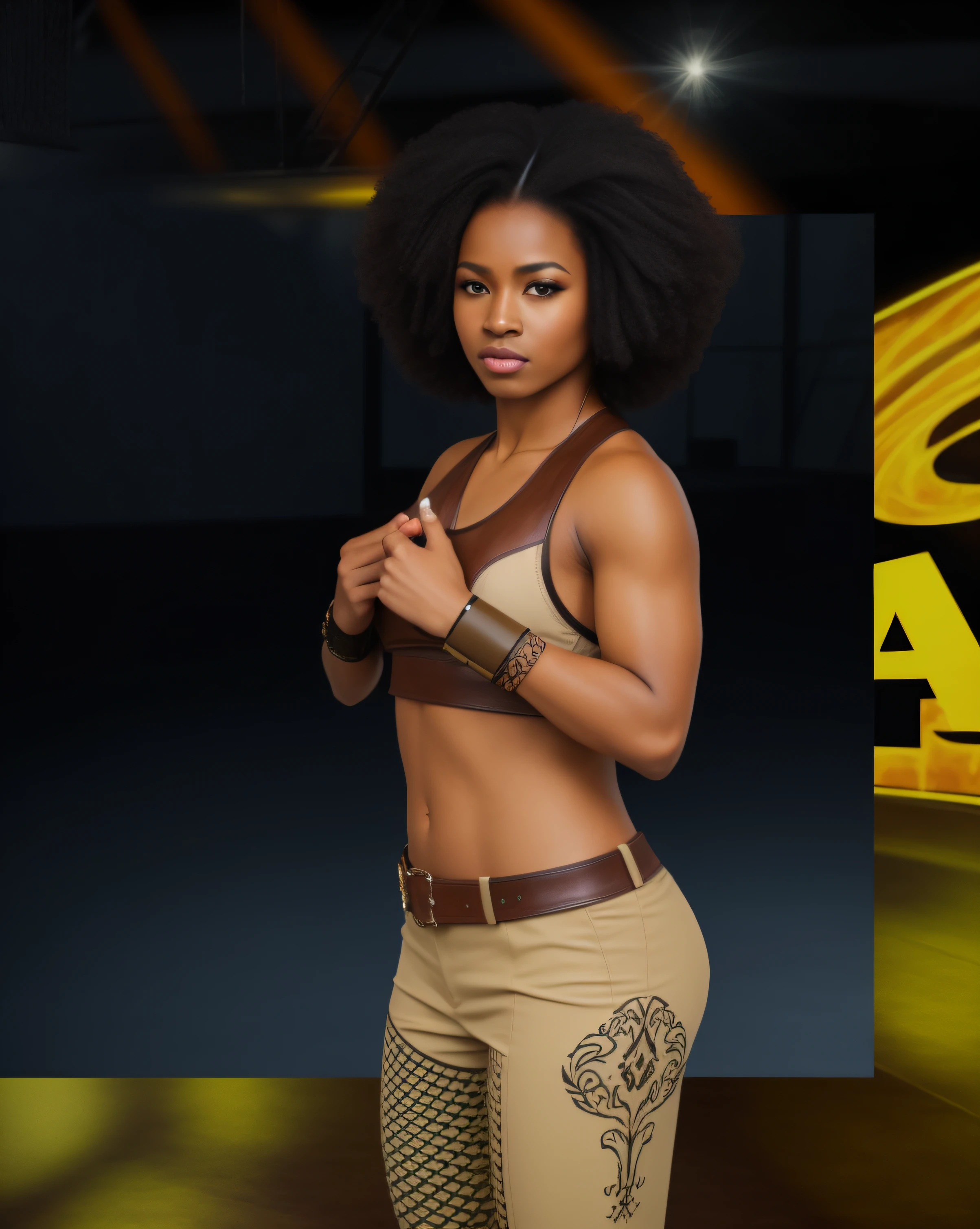 Black female wrestler with Afro, in brown leather and beige top, beige khaki pants with tribal emblems, brown leather belt, brown leather wristbands, photo realistic, intricate details