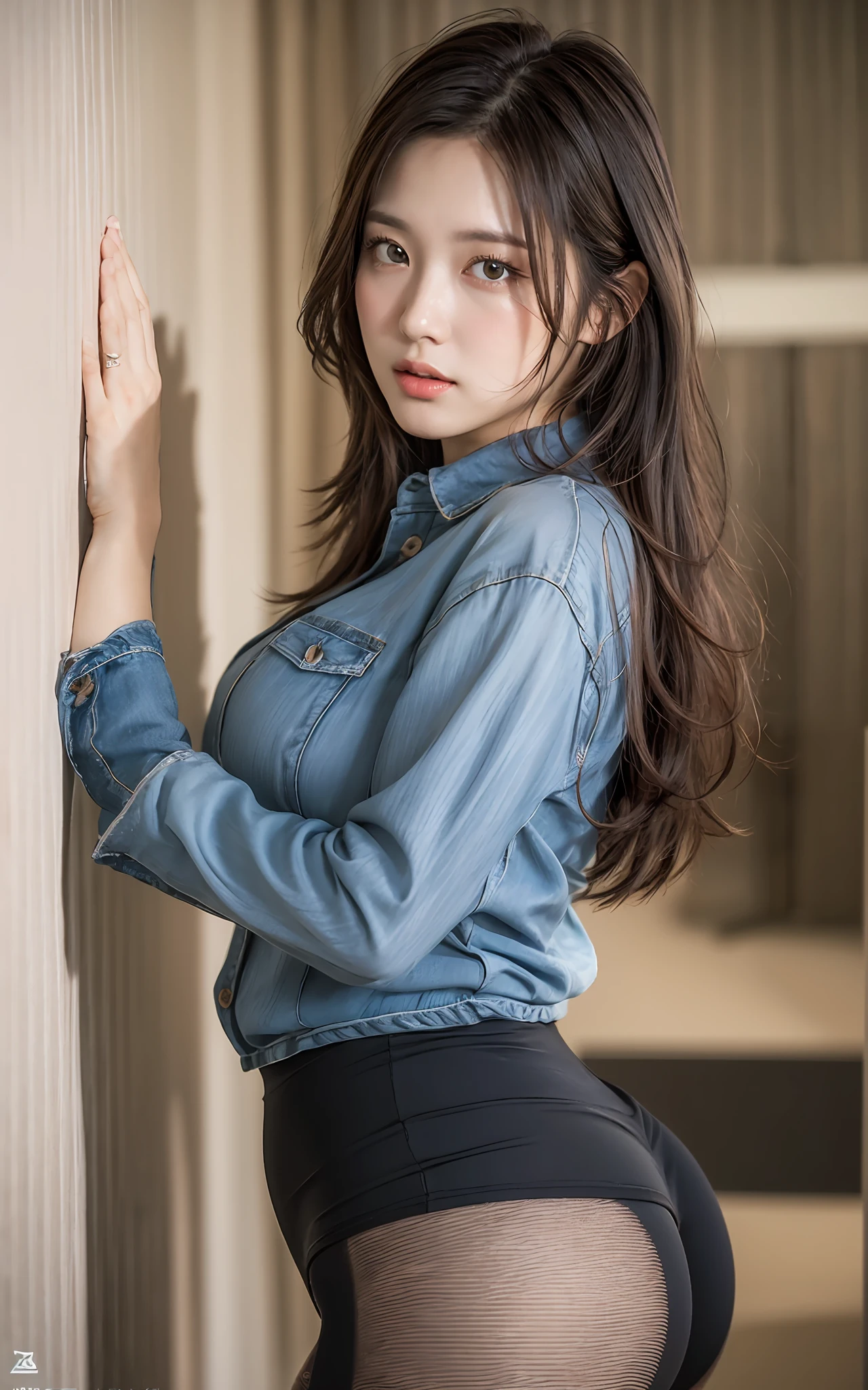 Highly detailed CG Unity 8k wallpaper, top quality, super detailed, masterpiece, realistic, photorealistic, highly detailed cute girl, 25 years old, blush, round eyes, medium breasts, viewer, half body shot, black tights, casual shirt ,room, shoot from the side