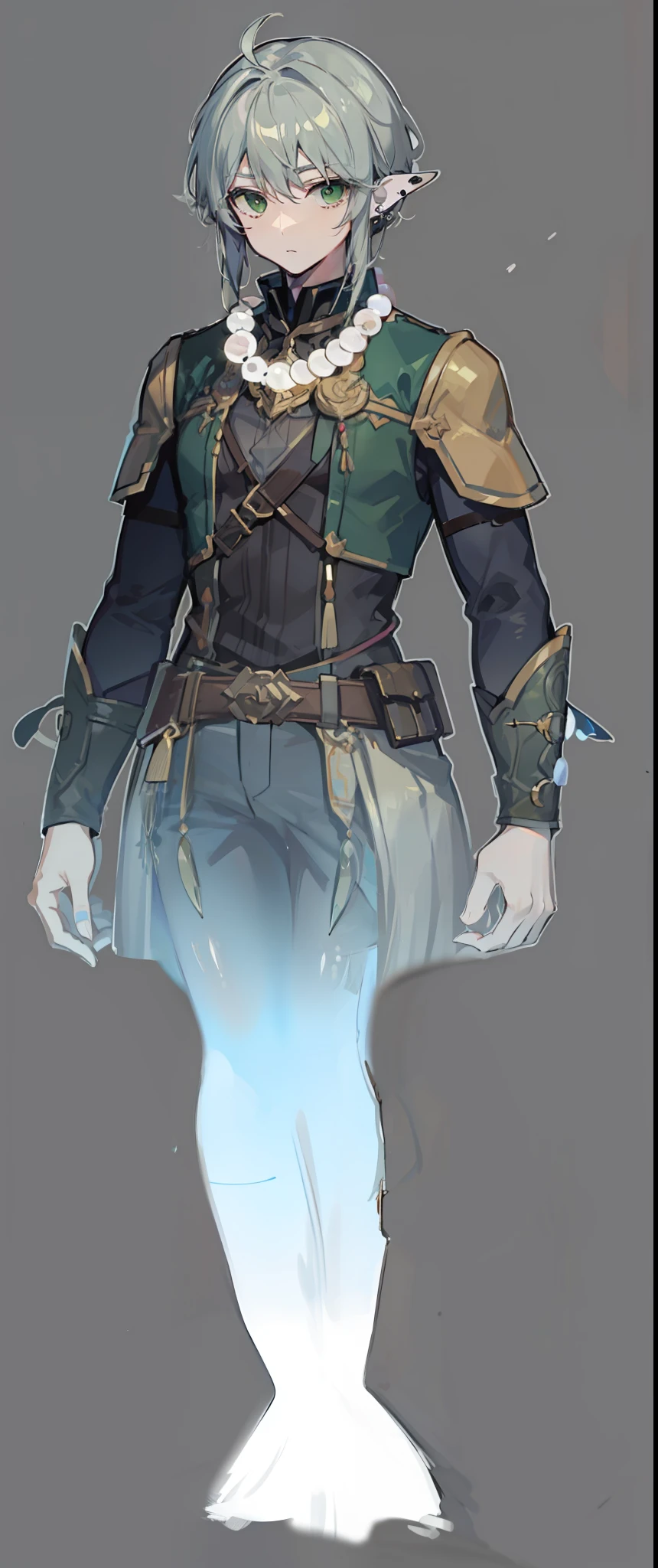 1character, male, wearing pearl necklace, Piercing green eyes, depth of knowledge and wisdom. Flowing silver hair, fair complexion. Tall and lean, graceful and agile presence, formidable archer. (masterpiece:1.2), (best quality:1.3)