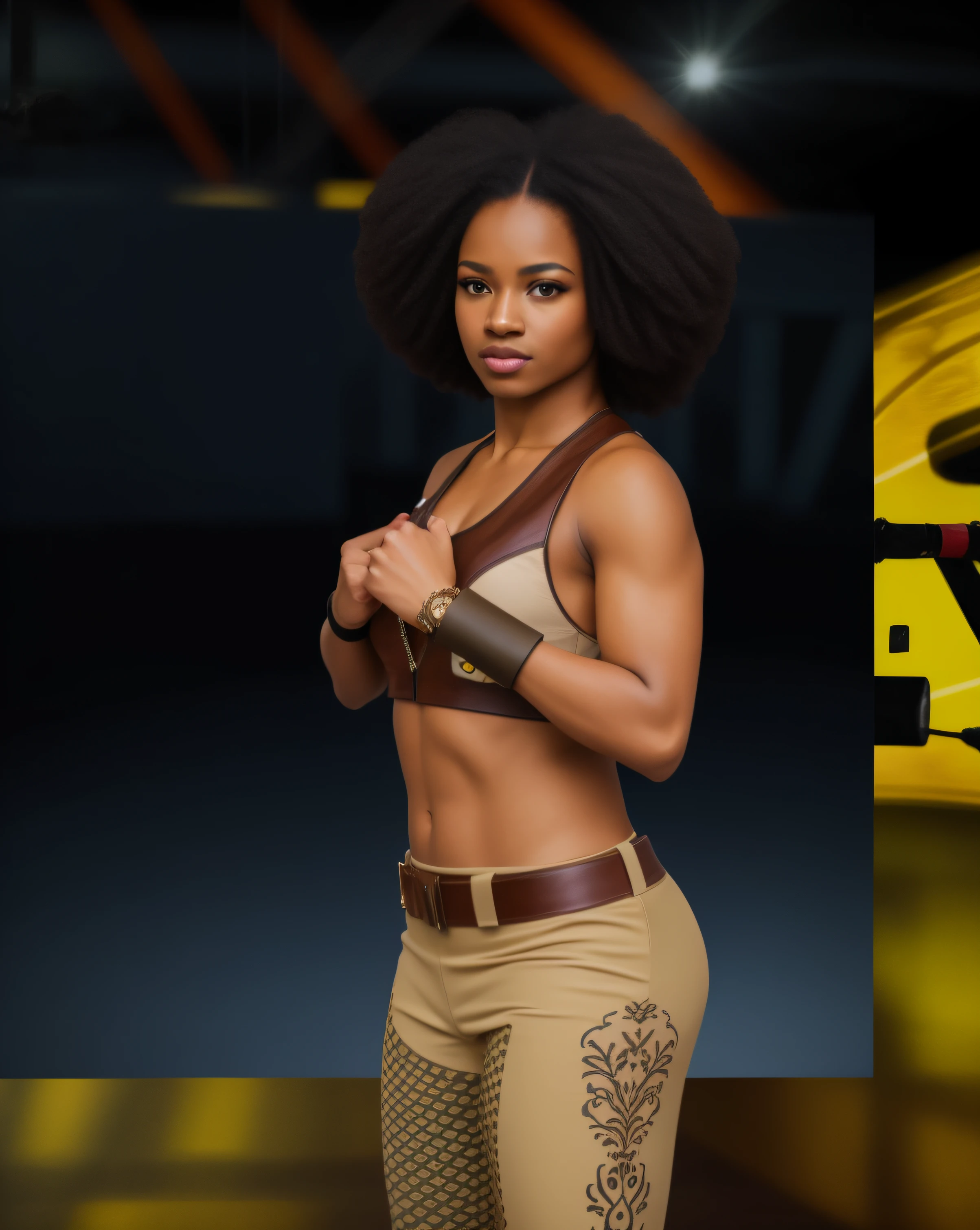 Black female wrestler with Afro, in brown leather and beige top, beige khaki pants with tribal emblems, brown leather belt, brown leather wristbands, photo realistic, intricate details