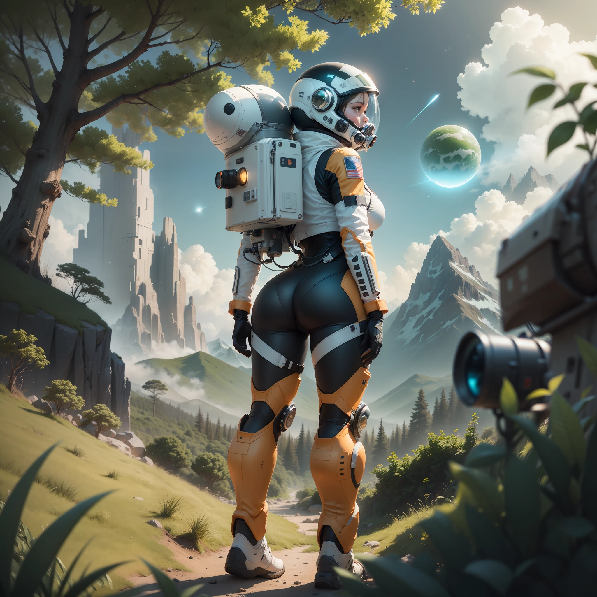 rear angle, Highly detailed RAW color Photo, Rear Angle, Full Body, of (female space soldier, wearing orange and white space suit, helmet, tined face shield, rebreather, accentuated booty), outdoors, (looking up at advanced alien structure, on alien planet), toned body, big butt, (sci-fi), (mountains:1.1), (lush green vegetation), (two moons in sky:0.8), (highly detailed, hyperdetailed, intricate), ((DAY TIME)), (lens flare:0.7), (bloom:0.7), particle effects, raytracing, cinematic lighting, shallow depth of field, photographed on a Sony a9 II, 50mm wide angle lens, sharp focus, cinematic film still from Gravity 2013, from behind