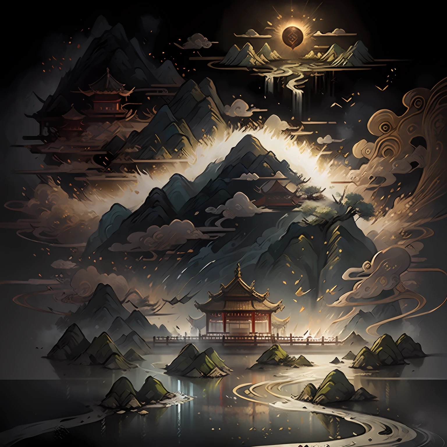 An ancient Chinese painting, ancient Chinese background, mountains, rivers, auspicious clouds, pavilions, sunshine, masterpieces, super detail, epic composition, ultra HD, high quality, extremely detailed, official art, unified 8k wallpaper, Super detail, 32k -- v 6 --auto