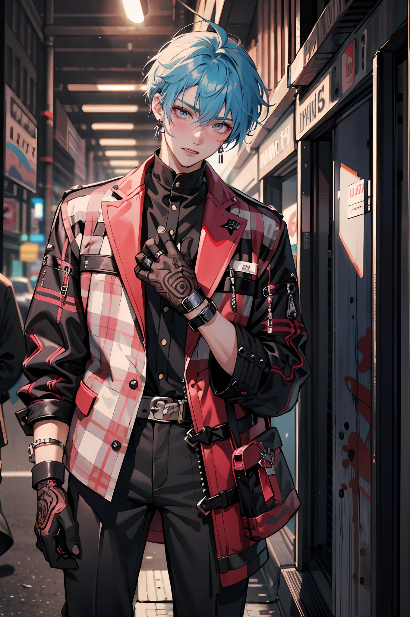Young men，plaid，Purple lattice，Y2K，Emo style，non-mainstream，Mines are boys，Harajuku style，Exaggerated dressing，Intricate ornaments，Rock style，Gothic style，rivet，ear ring，two color hair，Pink and blue hair，Half-cut gloves，Metal jewelry，Blood，Maniacal laughter，Sick，Underground idols，get  blush，dark circles，Dark lips