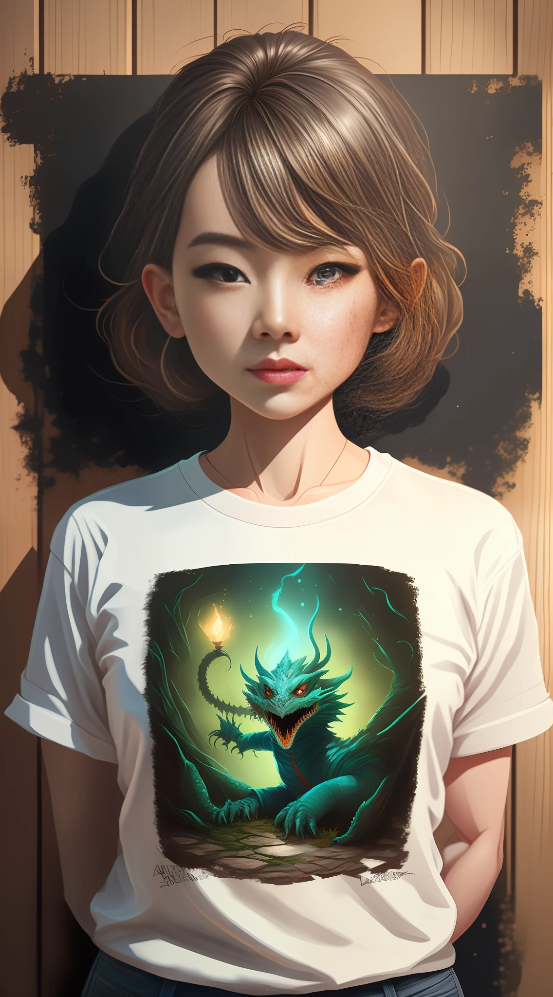 arafed woman with a white shirt and blue jeans standing in front of a wooden wall, the dragon girl portrait, Loish e wlop, dragon girl, wlop e ross tran, Ilya Kuvshinov e Artgerm, Artgerm e Atey Ghailan, epic RPG portrait, cyborg dragon portrait, dungeons and dragons portrait, Loish |