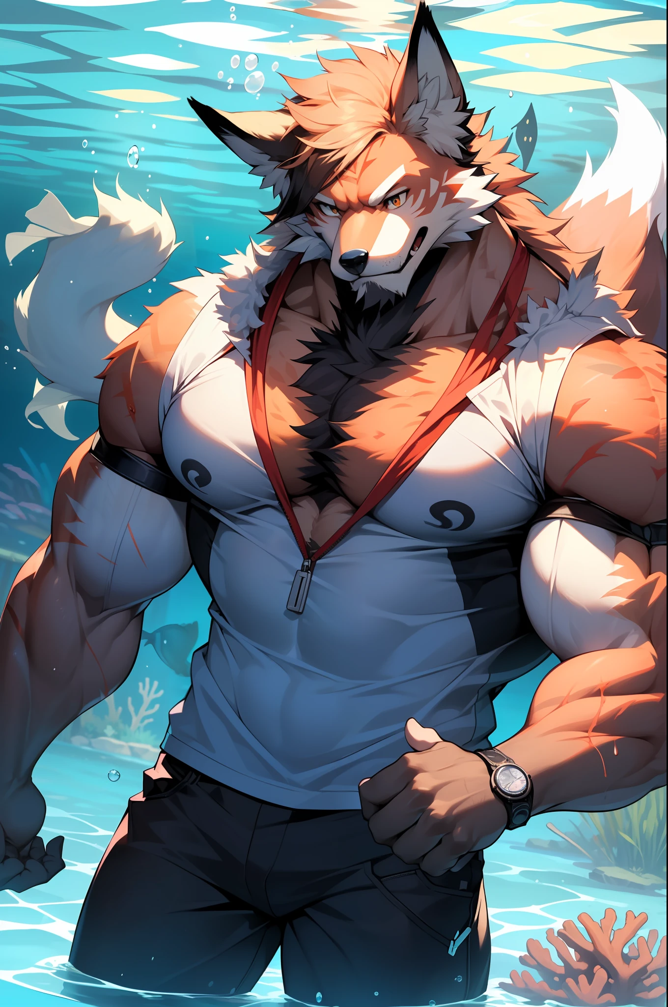 "((1 huge muscular fox-man:1.2) wearing white t shirt and swimming in underwater, coral, fish , huge arm, huge chest, (1man)), scar face, scary face