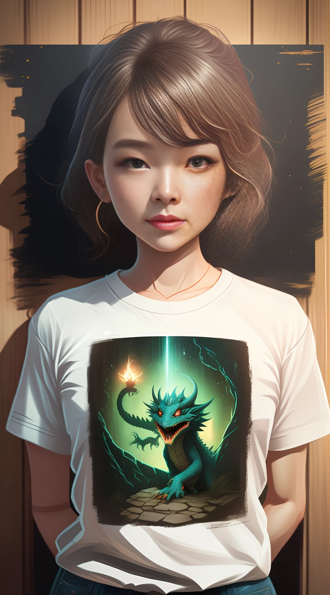 arafed woman with a white shirt and blue jeans standing in front of a wooden wall, the dragon girl portrait, Loish e wlop, dragon girl, wlop e ross tran, Ilya Kuvshinov e Artgerm, Artgerm e Atey Ghailan, epic RPG portrait, cyborg dragon portrait, dungeons and dragons portrait, Loish |