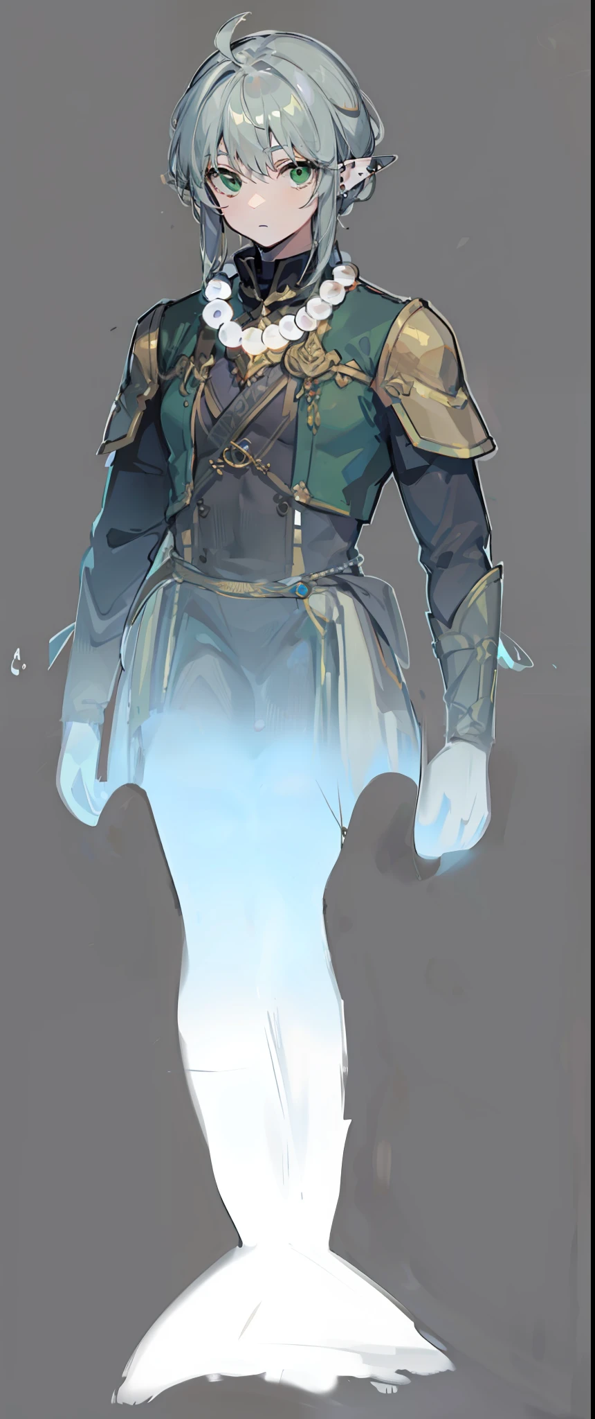 1character, wearing pearl necklace, Piercing green eyes, depth of knowledge and wisdom. Flowing silver hair, fair complexion. Tall and lean, graceful and agile presence, formidable archer. (masterpiece:1.2), (best quality:1.3)