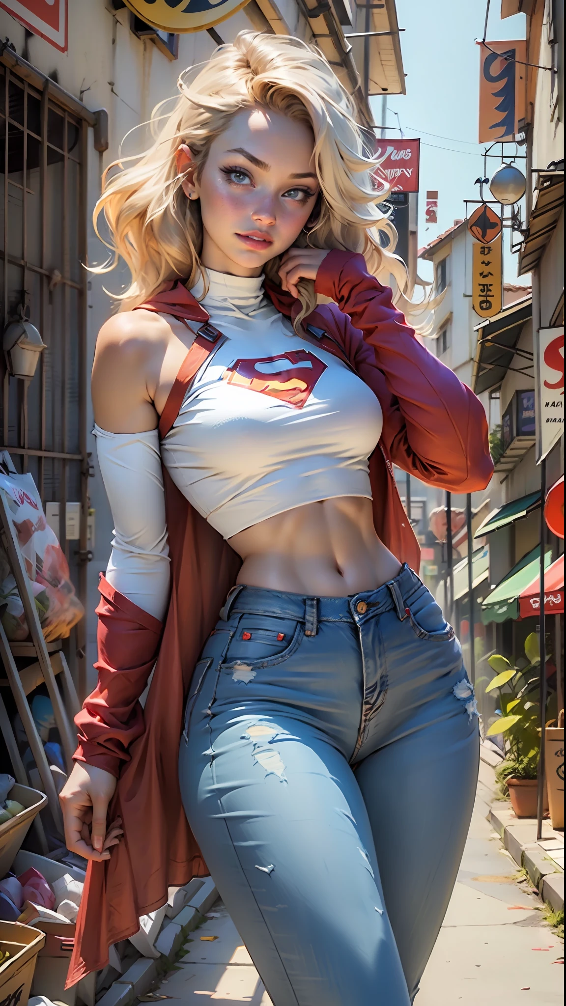 Definition of the woman's body: thin thigh, abdome fino, mid breasts, jeans curto, cosplay de supergirl, S de superman no peito blusa curta azul, abdome definido, seios pequenos