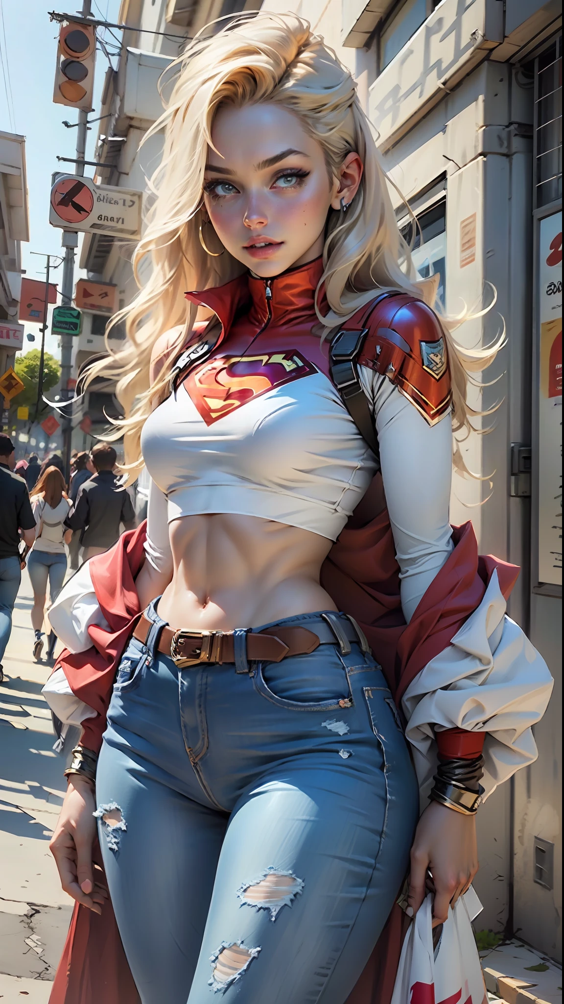 Definition of the woman's body: thin thigh, abdome fino, mid breasts, jeans curto, cosplay de supergirl, S de superman no peito blusa curta azul, abdome definido, seios pequenos