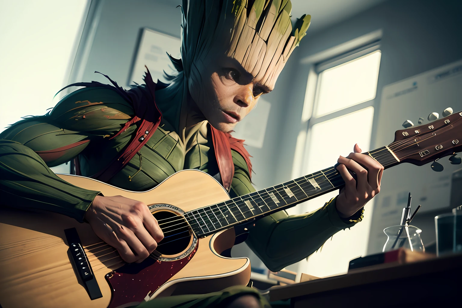 Low Angle shot. Groot from marvel, (playing guitar), sitting, detailed face, detailed face, inside his lab, crazy scene from a movie, dramatic shooting angle, atmospheric particles, Real, raw cinematic photorealism, action portrait, 8k, detailed, centered, full frame