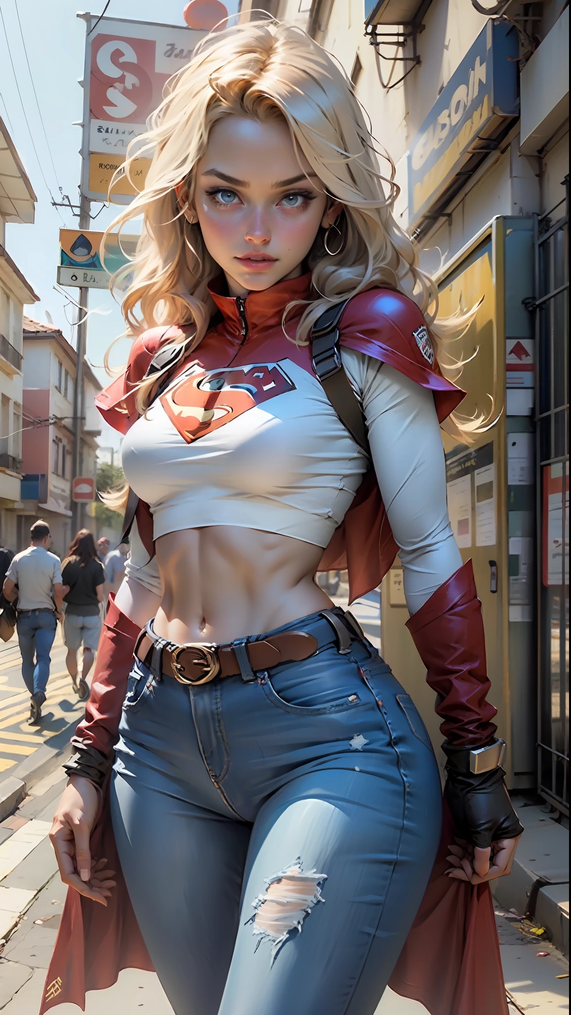 Definition of the woman's body: thin thigh, abdome fino, mid breasts, jeans curto, cosplay de supergirl, S de superman no peito blusa curta azul, abdome definido, seios pequenos