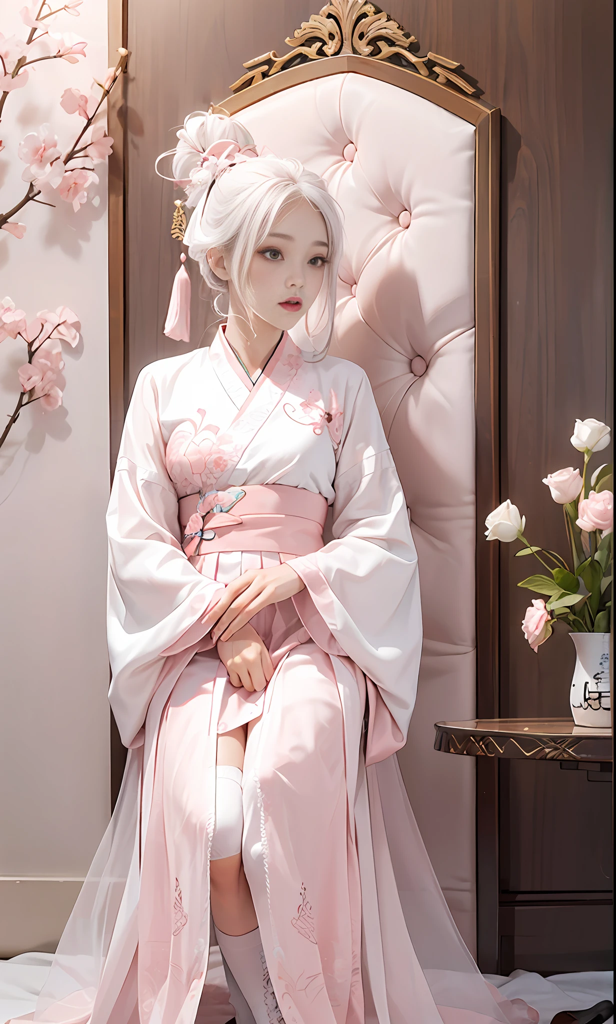 Chinese style, white hair, Chinese clothing, Tang style Hanfu, Hanfu, ((((pink and white skirt)), embroidery, over-the-knee socks, high heels, interior, bed