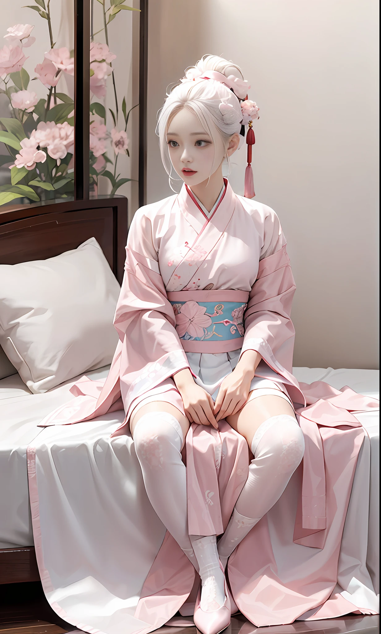 Chinese style, white hair, Chinese clothing, Tang style Hanfu, Hanfu, ((((pink and white skirt)), embroidery, over-the-knee socks, high heels, interior, bed