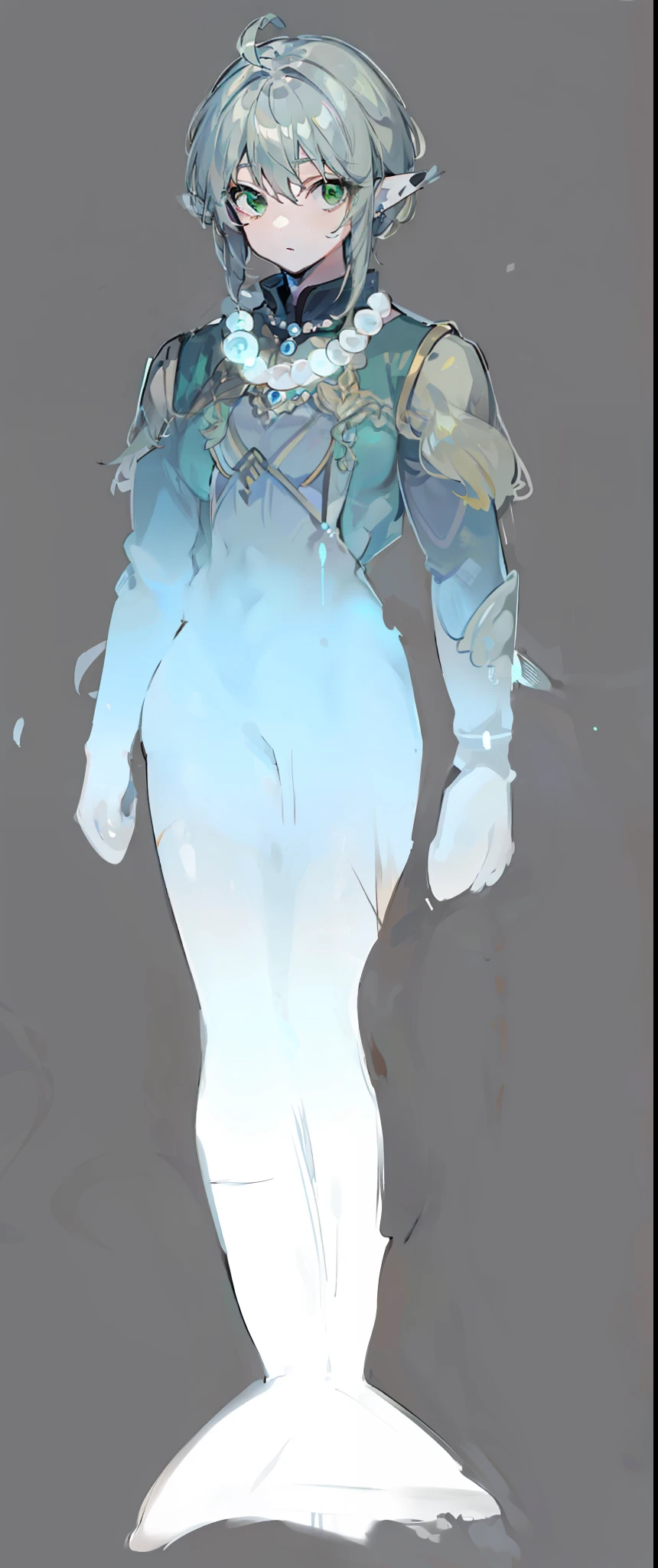 1character, wearing pearl necklace, Piercing green eyes, depth of knowledge and wisdom. Flowing silver hair, fair complexion. Tall and lean, graceful and agile presence, formidable archer. (masterpiece:1.2), (best quality:1.3)