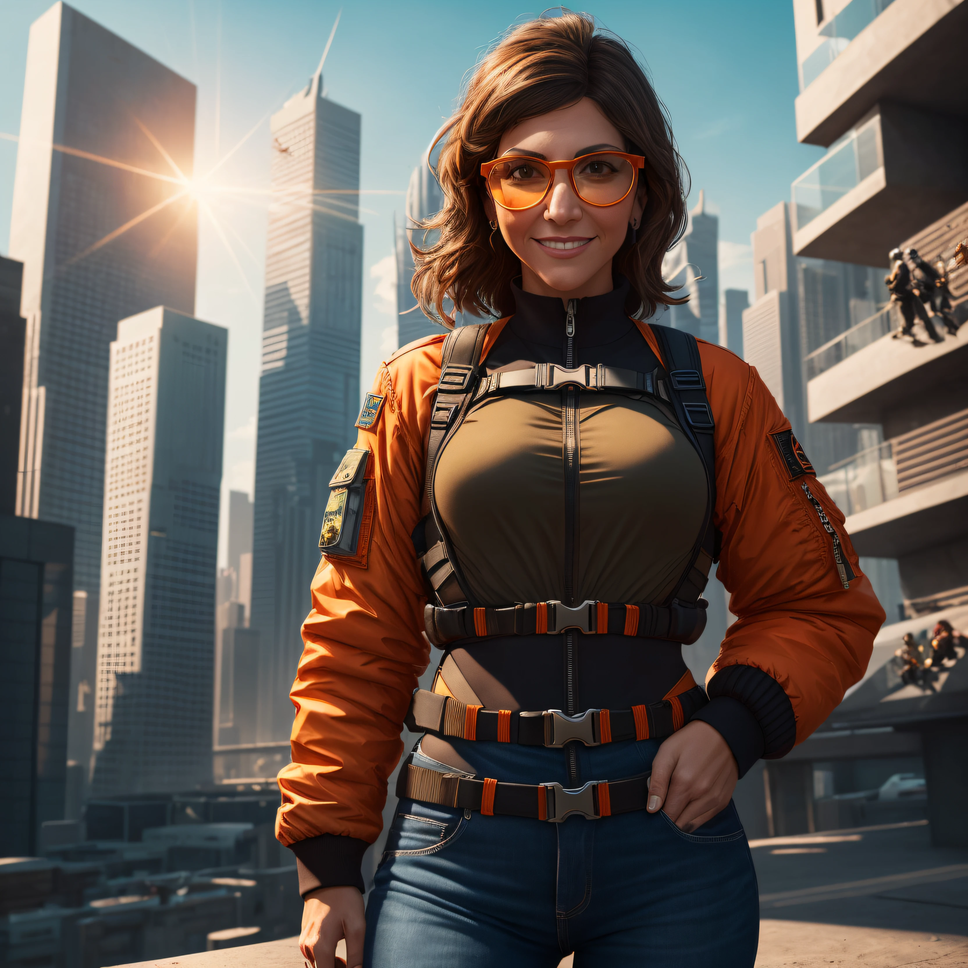 Jennifer Esposito,(8k, Best Quality, Masterwork: 1.2), (Realistic, Photorealistic: 1.37), Ultra-Detailed, Masterwork, Best Quality, Portrait, Tracer, Bomber Jacket, Chest Harness, (Orange Glasses) : 1.4), futuristic city, looking at viewer, cheeky smile, sky, sunlight, best quality, --auto