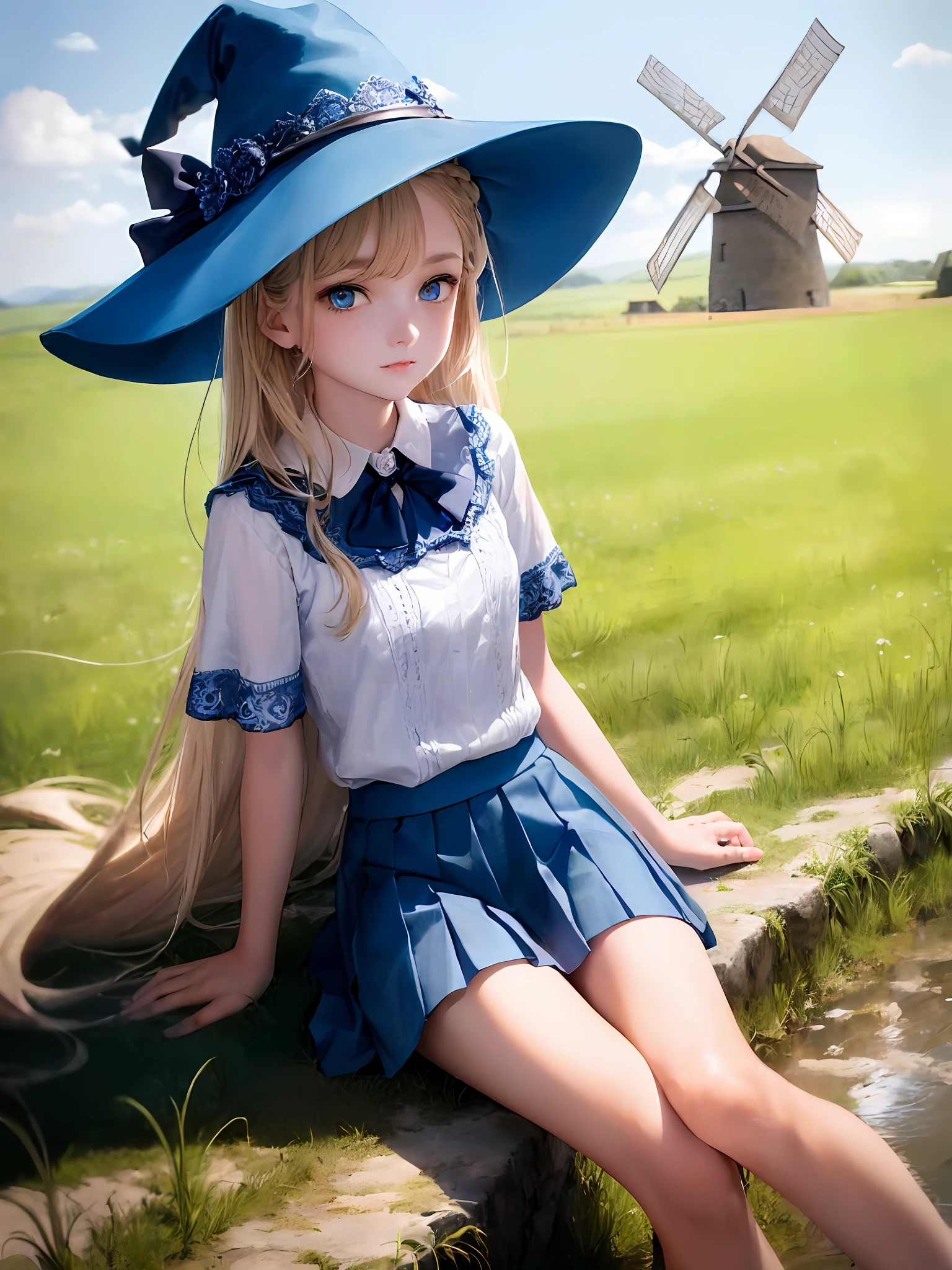 1girls, Single person， (Masterpiece:1.1), (Best quality:1.1),   [blue:Pink:0.5] theme, Cowboy shot,Cinematic light， full full body，Positive perspective，Long blonde hair，exquisite facial features，The Perfect Hand，Blue eyes, (White short-sleeved top:1.2)，(Blue witch hat:1.2)，(Blue pleated skirt:1.2)，Sit，elegantly，beckon，Rice field background，windmill
