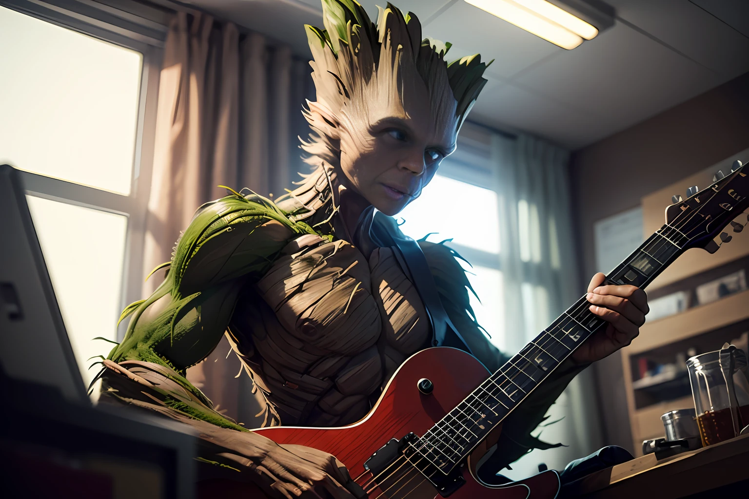 Low Angle shot. Groot from marvel, (playing guitar), sitting, detailed face, detailed face, inside his lab, crazy scene from a movie, dramatic shooting angle, atmospheric particles, Real, raw cinematic photorealism, action portrait, 8k, detailed, centered, full frame