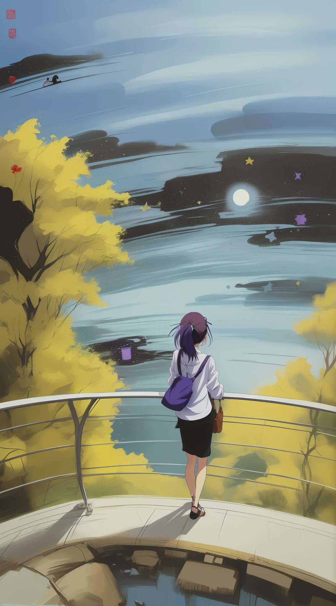 "(),(Estilo anime:1.1),(Costa:1.1),(watching the galaxy from the balcony),(Estilo de pintura),(tons de azul:1.2 e roxo:1.2) Scenarios in shades of blue and purple".