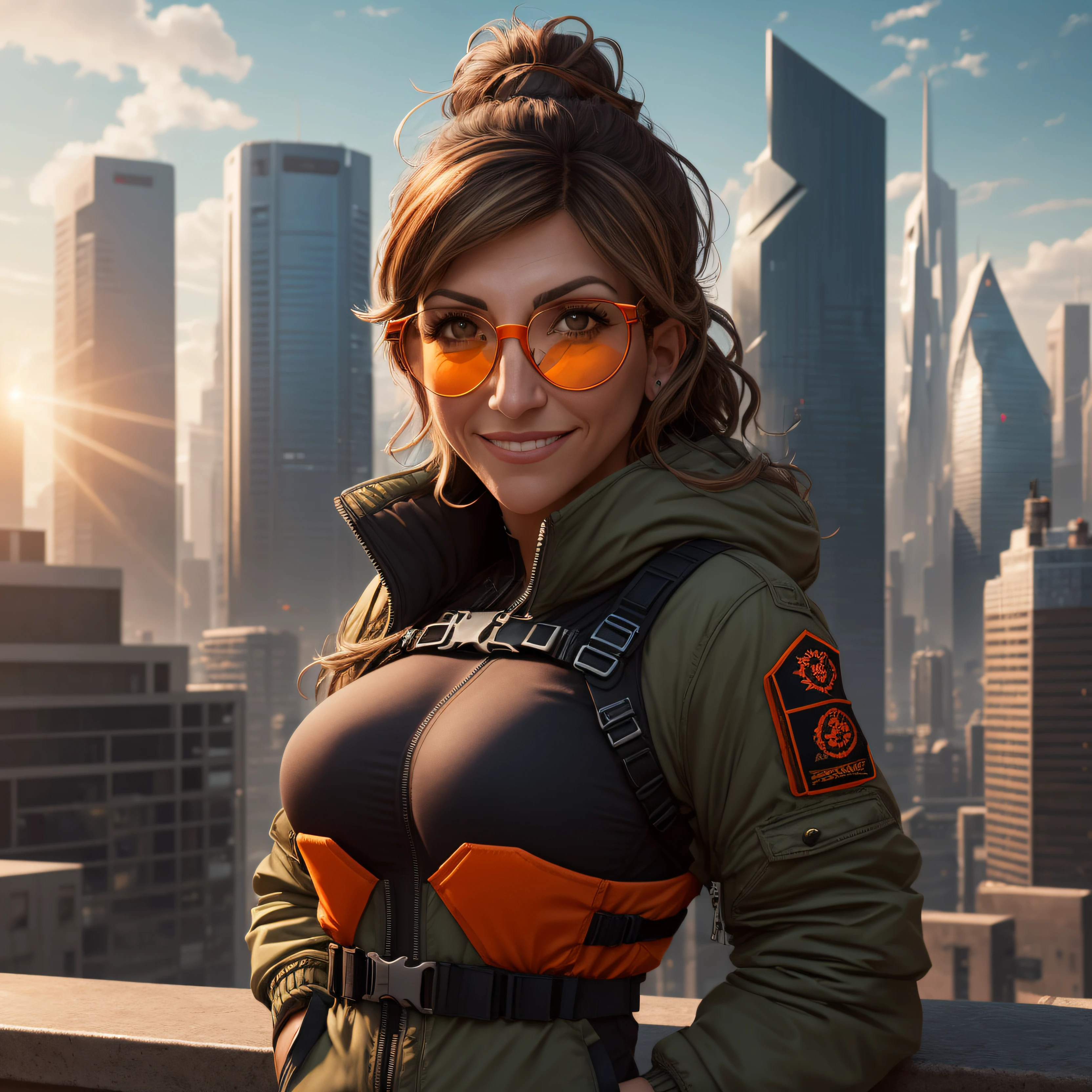 Jennifer Esposito,(8k, Best Quality, Masterwork: 1.2), (Realistic, Photorealistic: 1.37), Ultra-Detailed, Masterwork, Best Quality, Portrait, Tracer, Bomber Jacket, ????? Harness, (Orange Glasses) : 1.4), futuristic city, looking at viewer, cheeky smile, sky, sunlight, best quality, --auto