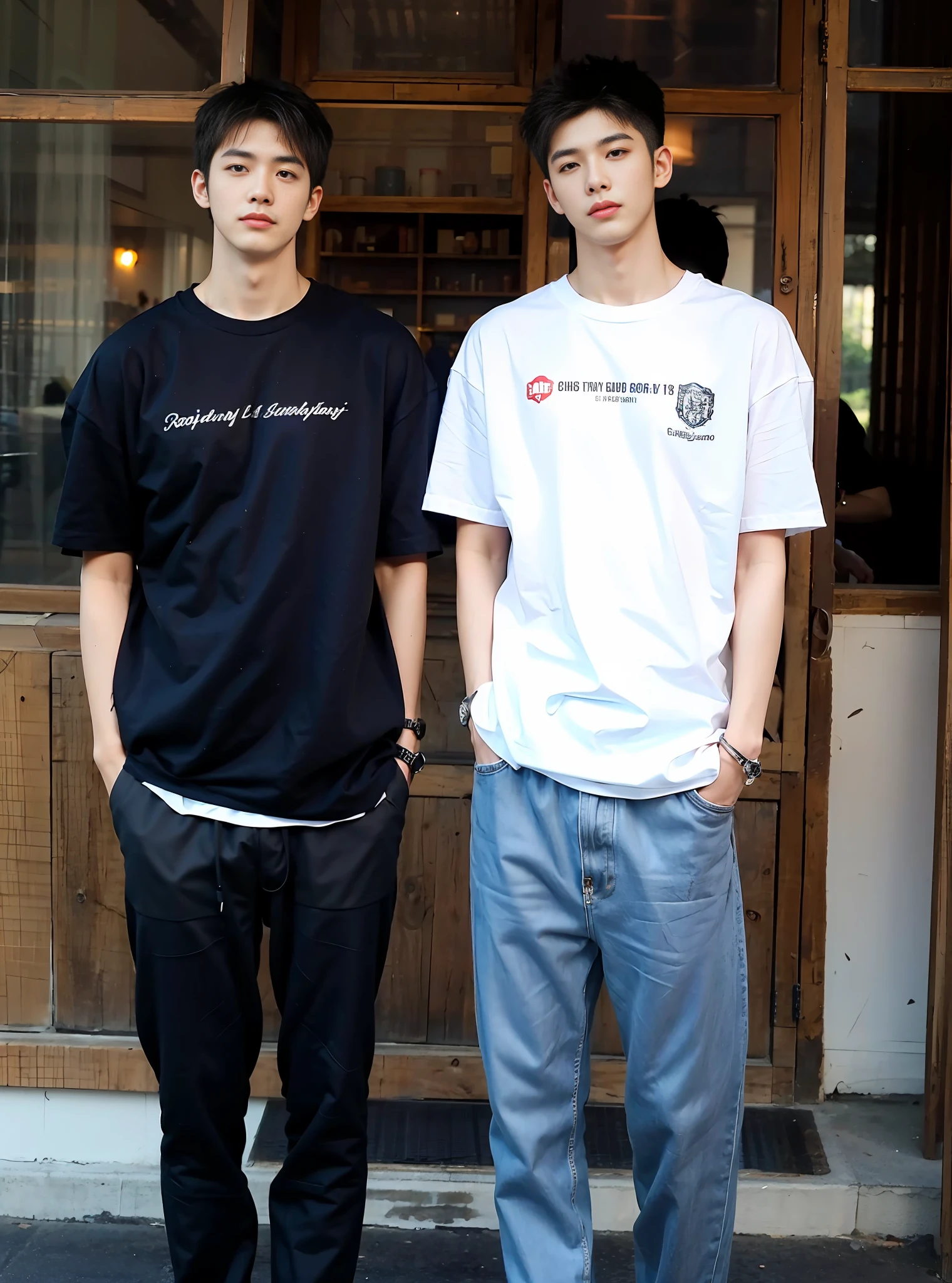 (Chinese handsome:1.5),Realistic details of two men at school, photo of a realistic,Texture Skins,Look into the camera,18-year-old boy,studio,danshi koukousei,mannequin,Long legs,Gay couple