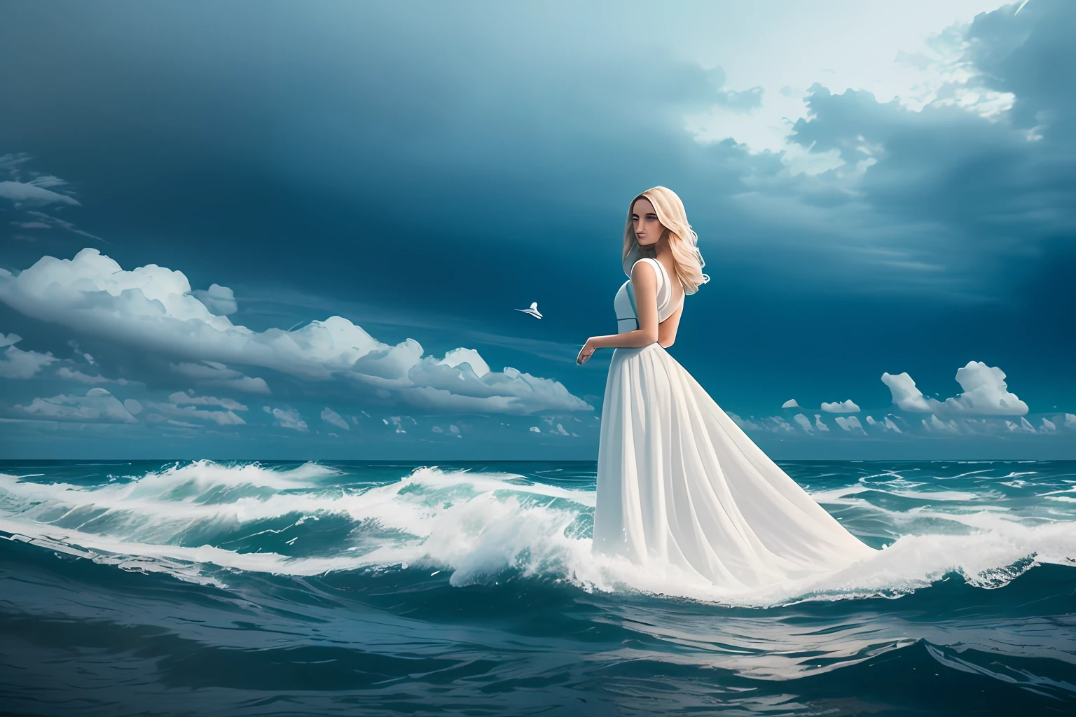 A surreal and bizarre world,Sea and sky become one,Strange creatures float in the air and in the water,A blonde beauty in a flowing white dress stands in front with her back to the camera --auto