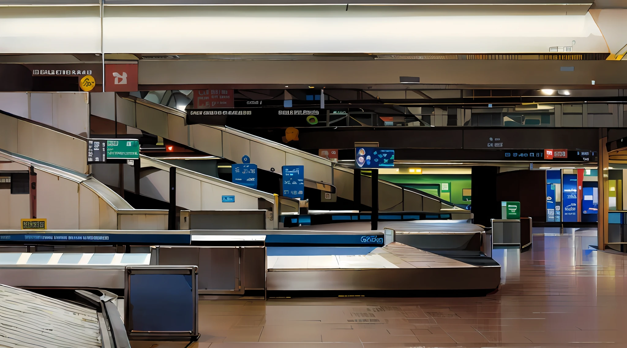 view of a baggage claim area with a conveyor belt, terminal, airport, airports, animation background, interior, wide painting, thumbnail, the painting shows a large, luggage, looking this way, mezzanine, high quality painted animation background