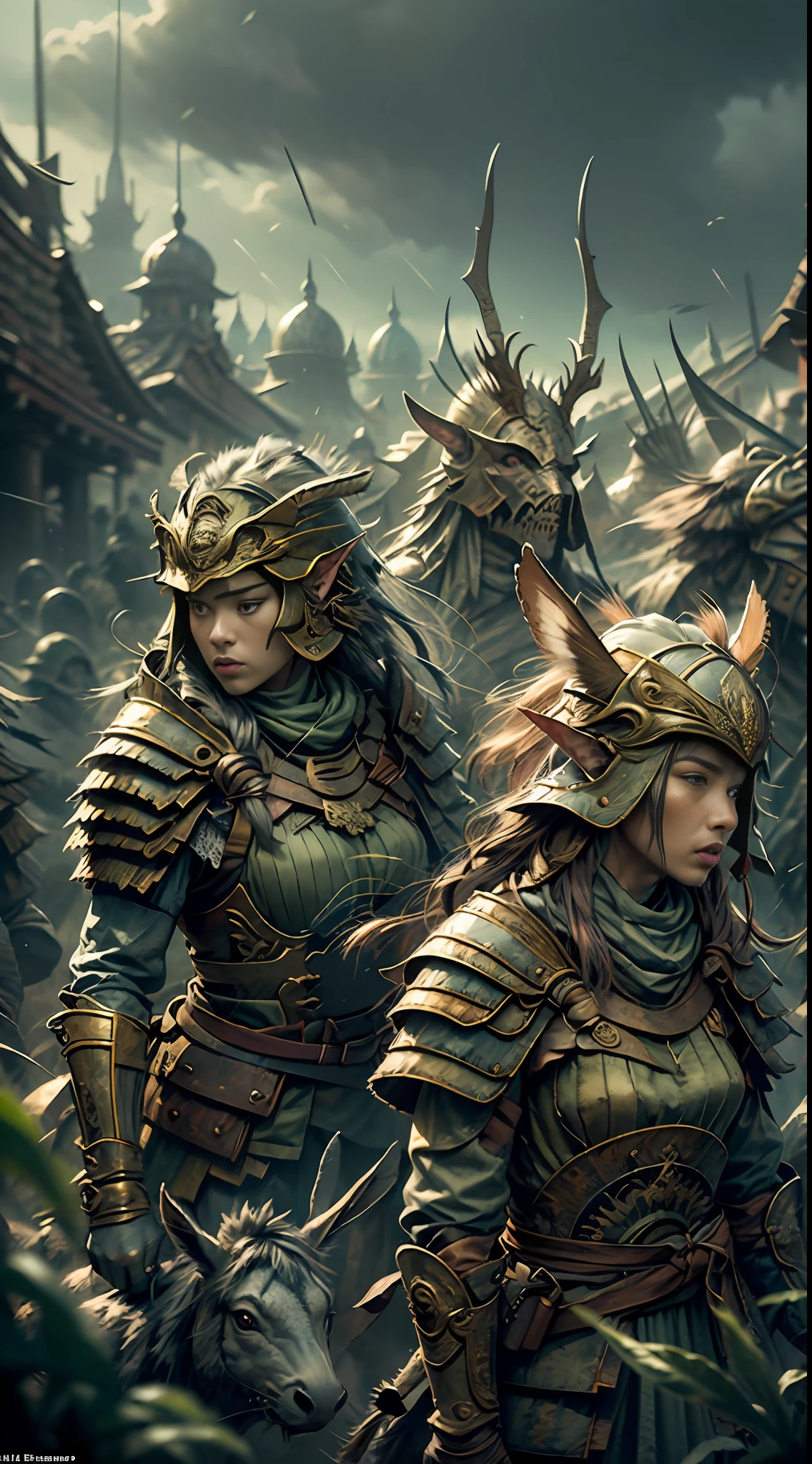 In this dark and tension-filled scene, the battlefield is shrouded in dense fog. The sky is overcast with heavy clouds, refletindo o clima sombrio que se desenrola abaixo. In the composition, a group of archer elves takes a strategic position on a hill, suas flechas prontas para serem soltas. They are skilled at camouflage, dressed in green garments that blend in with the surrounding vegetation. Entretanto, a horde of orcs approaches through the darkness, com olhares raivosos e armas ensanguentadas. The imminence of confrontation is palpable as the elves prepare for a deadly ambush.((obra-prima))), (((melhor qualidade))), ((ultra-detalhado)), (hiper-realista), (Highly detailed CG illustration), cinematic lightin, intrincado eaba detalhado, capa vermelha, spear, montada em um cavalo