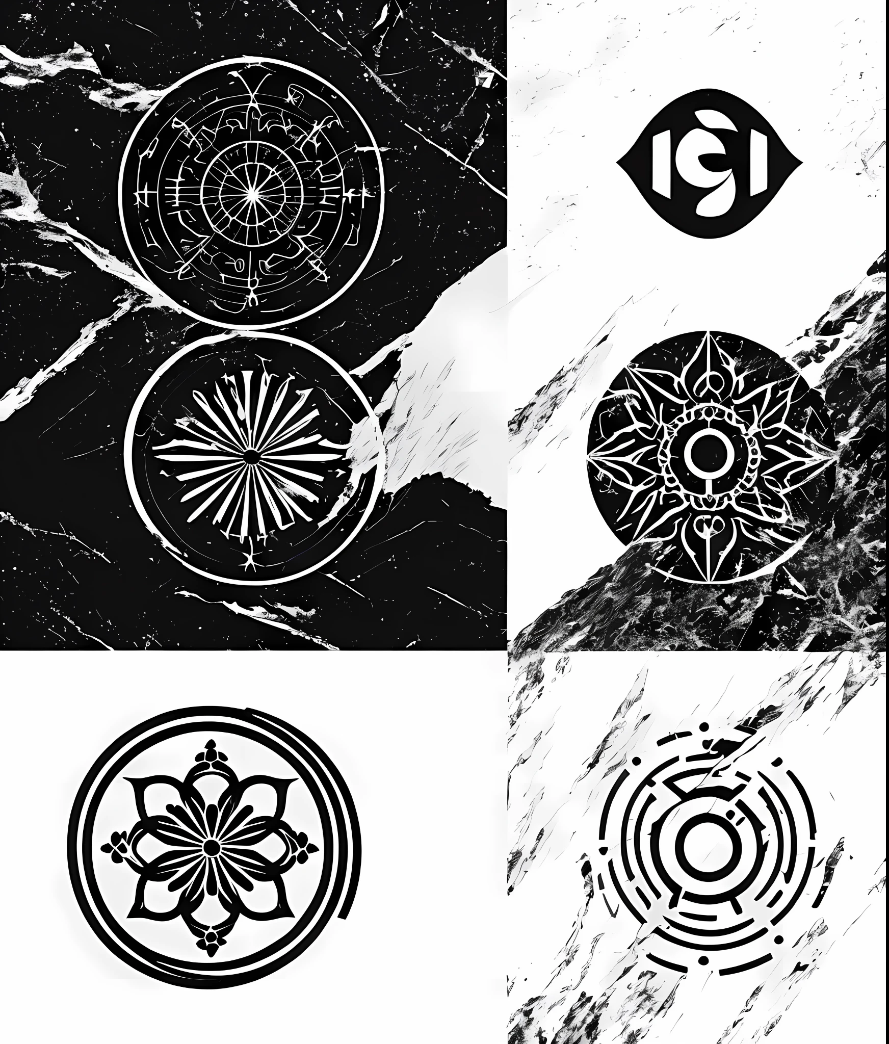 Esoteric set of four different magical symbols, Preto e branco, Minimalist geometric in bold, Glyphs Magic Pictograms, fundo preto, branco e roxo