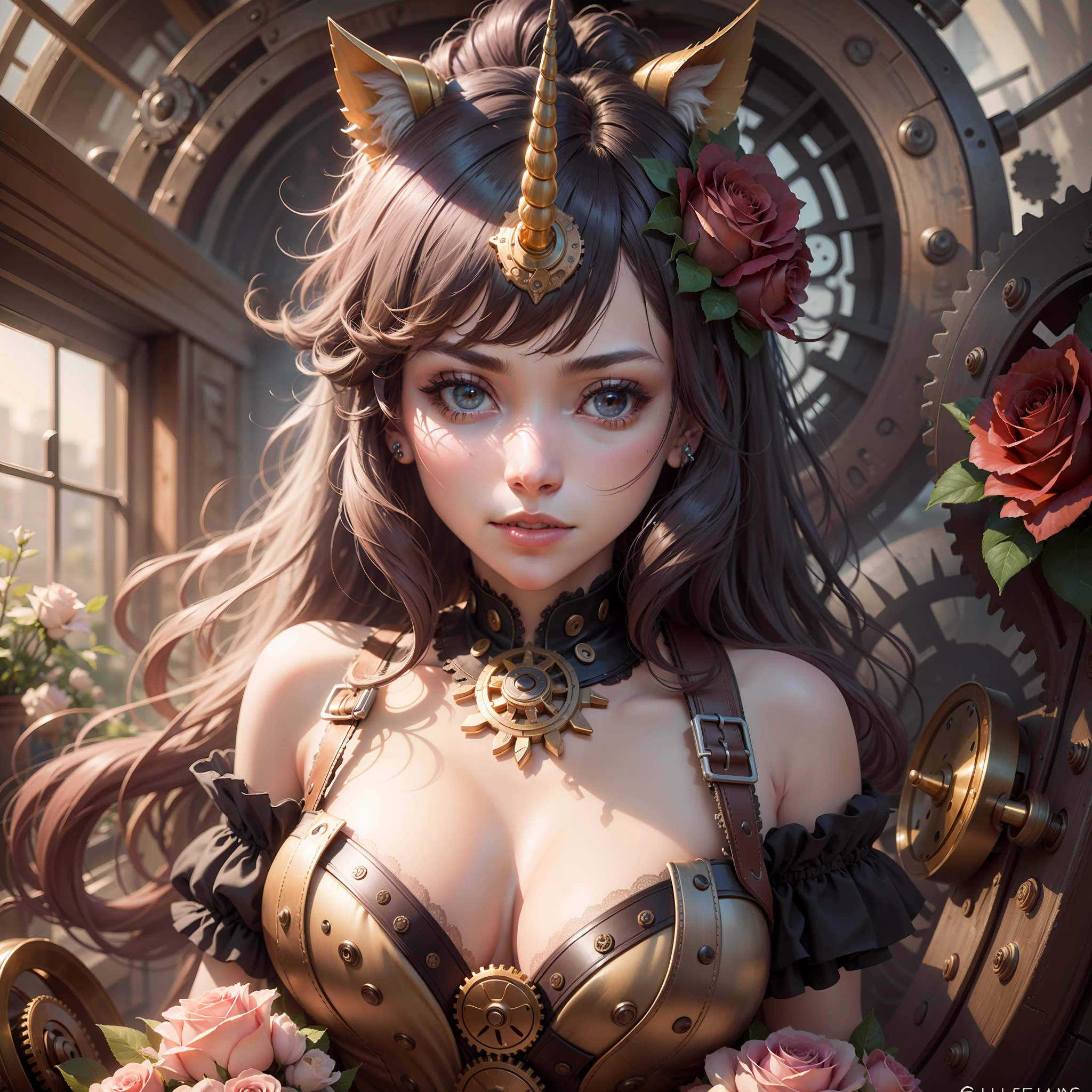 “a steampunk unicorn, roses and flowers, gears” cinematic,8k,HD,Hyper resolotion,engine 5,Hyper detail