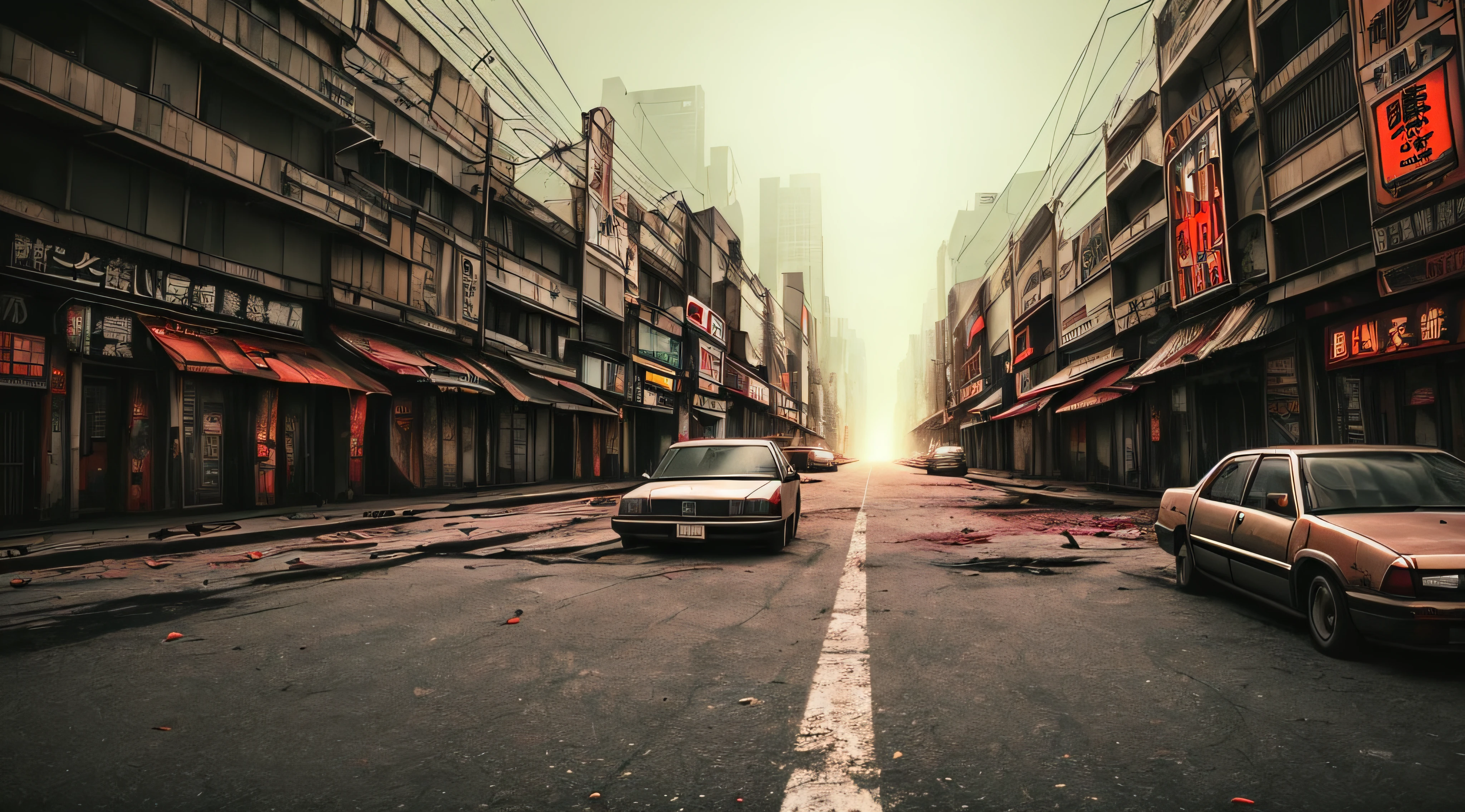zombie, japanese, city, apocalypse, cinematographic light, neon, background, empty city, realist --auto
