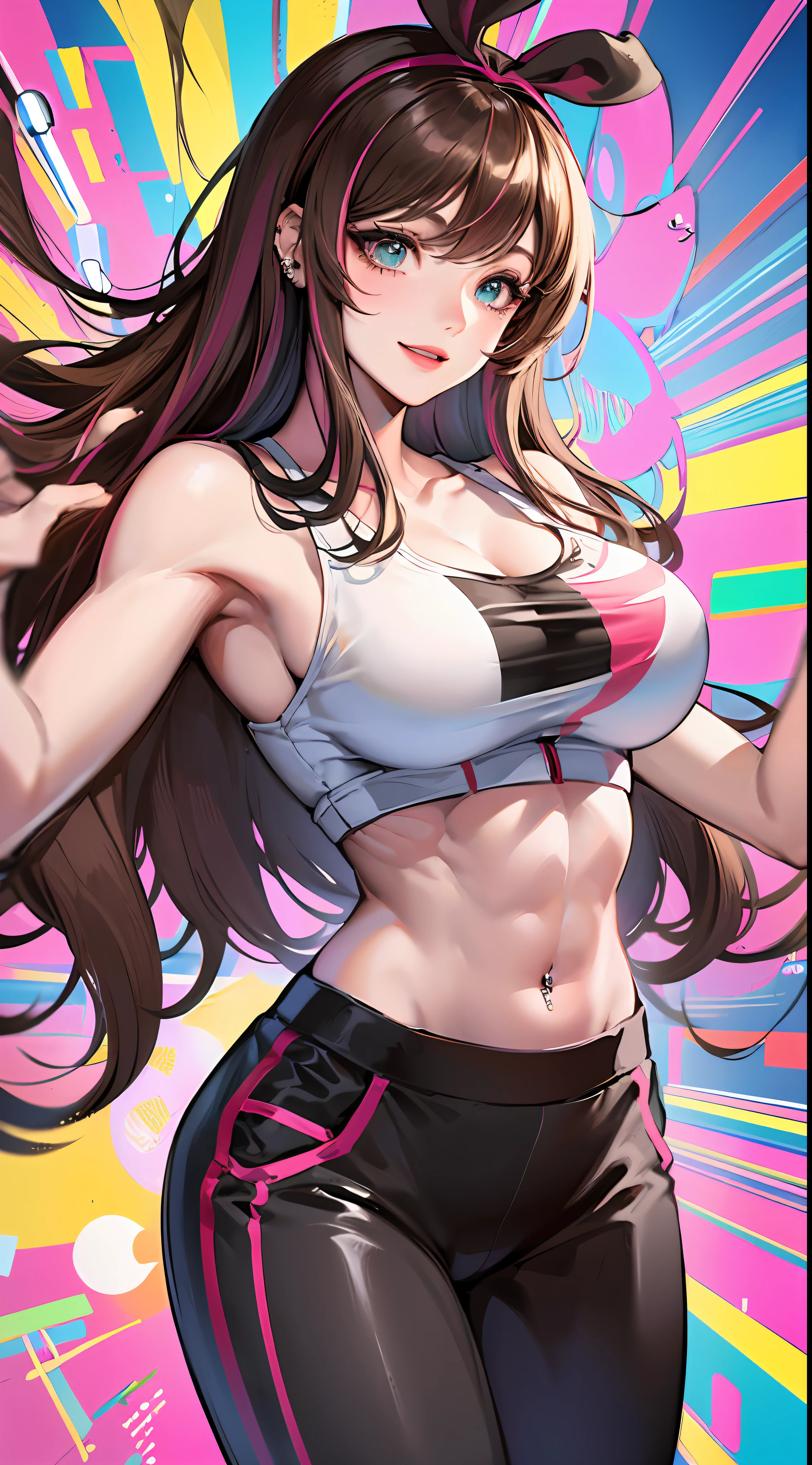 (Best quality, 8k, 32k, Masterpiece, UHD:1.2), kizuna ai, huge breasts,long hair, brown hair, multicolored hair, floating hair, pink hairband, pink highlights, streaked hair, smiling, pink sports bra, black jogging pants, navel, road, muscular abs, six packs, navel piercing