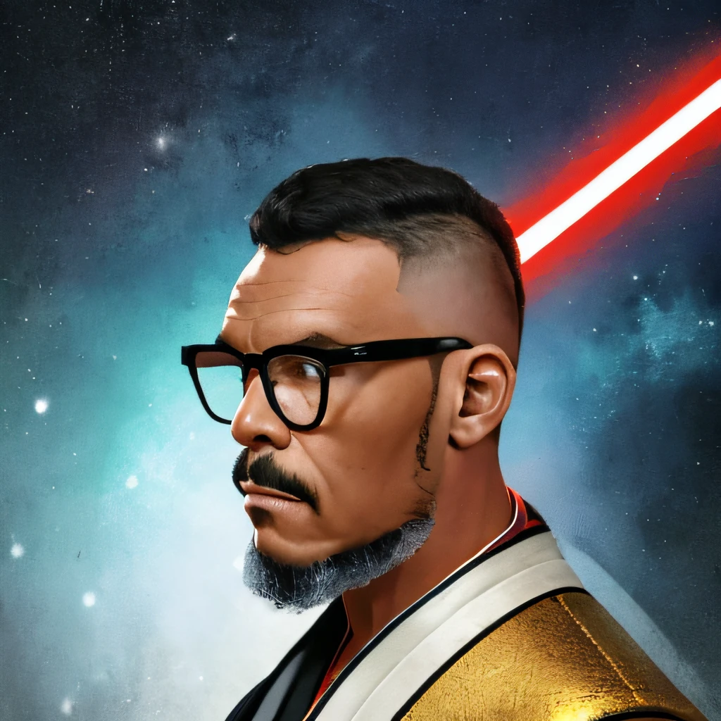 um homem de oculos com trajes de cavaleiro jedi dos filmes de star wars, com um sabre de luz em sua mao. realista, rosto detalhado, poros da pele aparentes e detalhados, cabelo longo, manto jedi, cenario de star wars, uhd intrincado, detalhista,