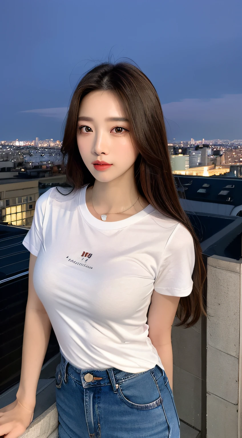 ((Midnight, Best quality, 8k, Masterpiece :1.3)), Whole body, Long legs, Sharp focus :1.2, A pretty woman with perfect figure :1.4, Slender abs :1.1, ((Dark brown hair, Big breasts :1.2)), (White tight tshirt, Jean bib, Standing:1.2), ((Night city view, Rooftop:1.3)), Highly detailed face and skin texture, Detailed eyes, Double eyelid