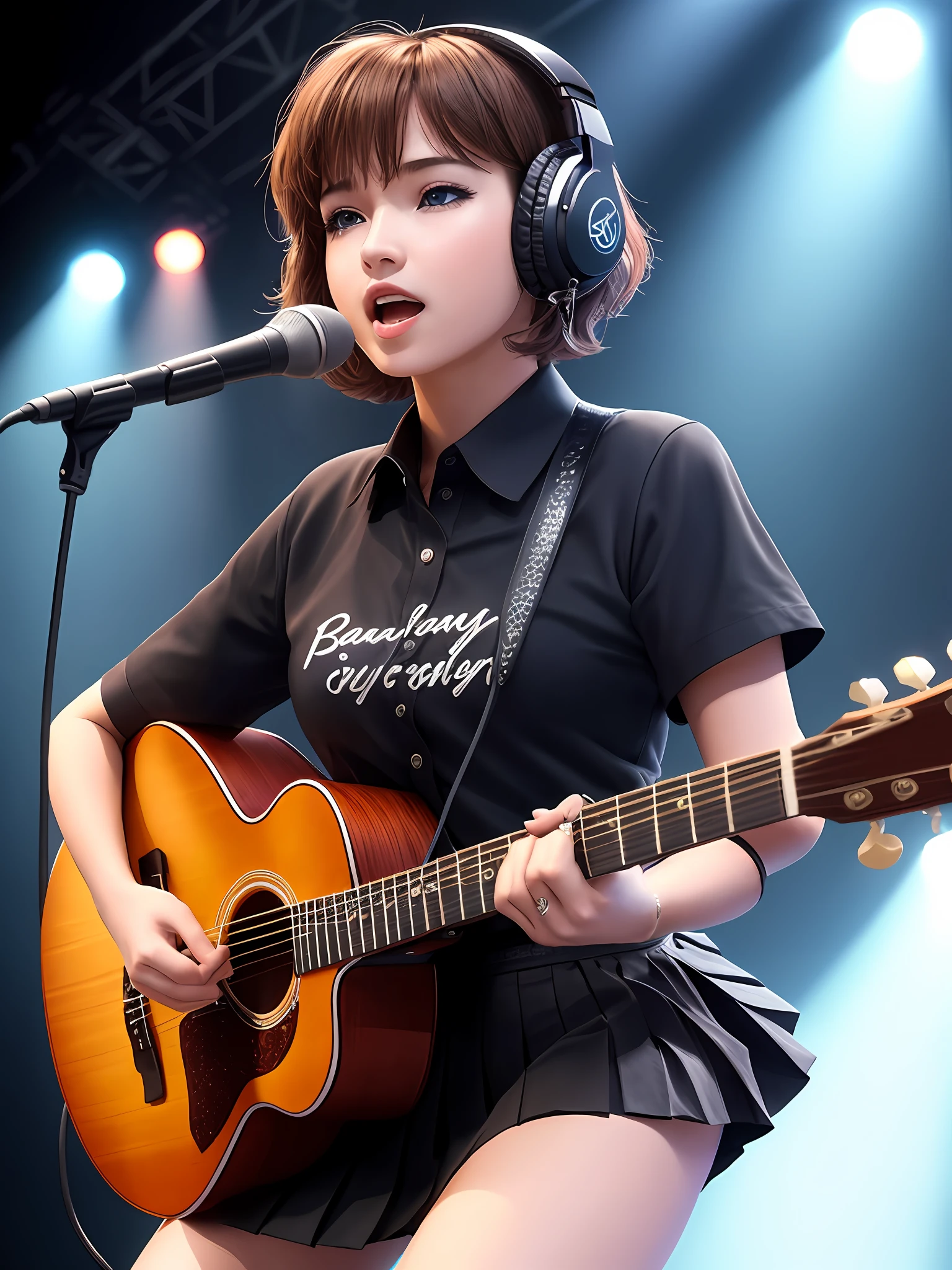 solo beautiful (1girl:1.3), cute pop singer, melancholy, short hair, symmetrical teary blue eyes, black skirt, pleated skirt, black shirt, singing and playing guitar, headphones, holding plectrum, one side up, cinematic, concert lighting, dynamic angle, beautiful detailed glow, full body, cowboy shot, (high detailed skin, soothing tones :1.25), hyperdetailed