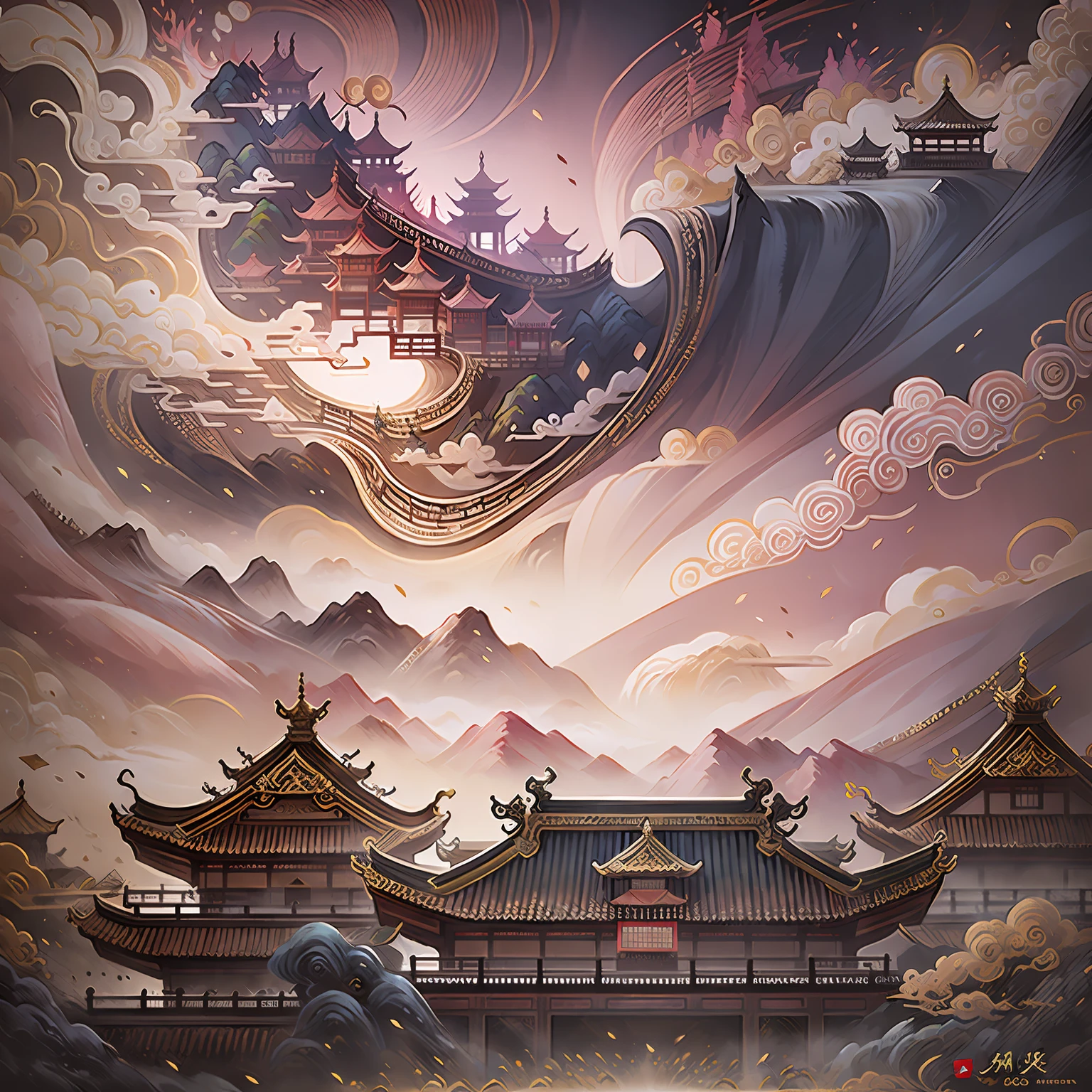 An ancient Chinese painting, ancient Chinese background, mountains, rivers, auspicious clouds, pavilions, sunshine, masterpieces, super detail, epic composition, ultra HD, high quality, extremely detailed, official art, unified 8k wallpaper, Super detail, 32k -- v 6 --auto