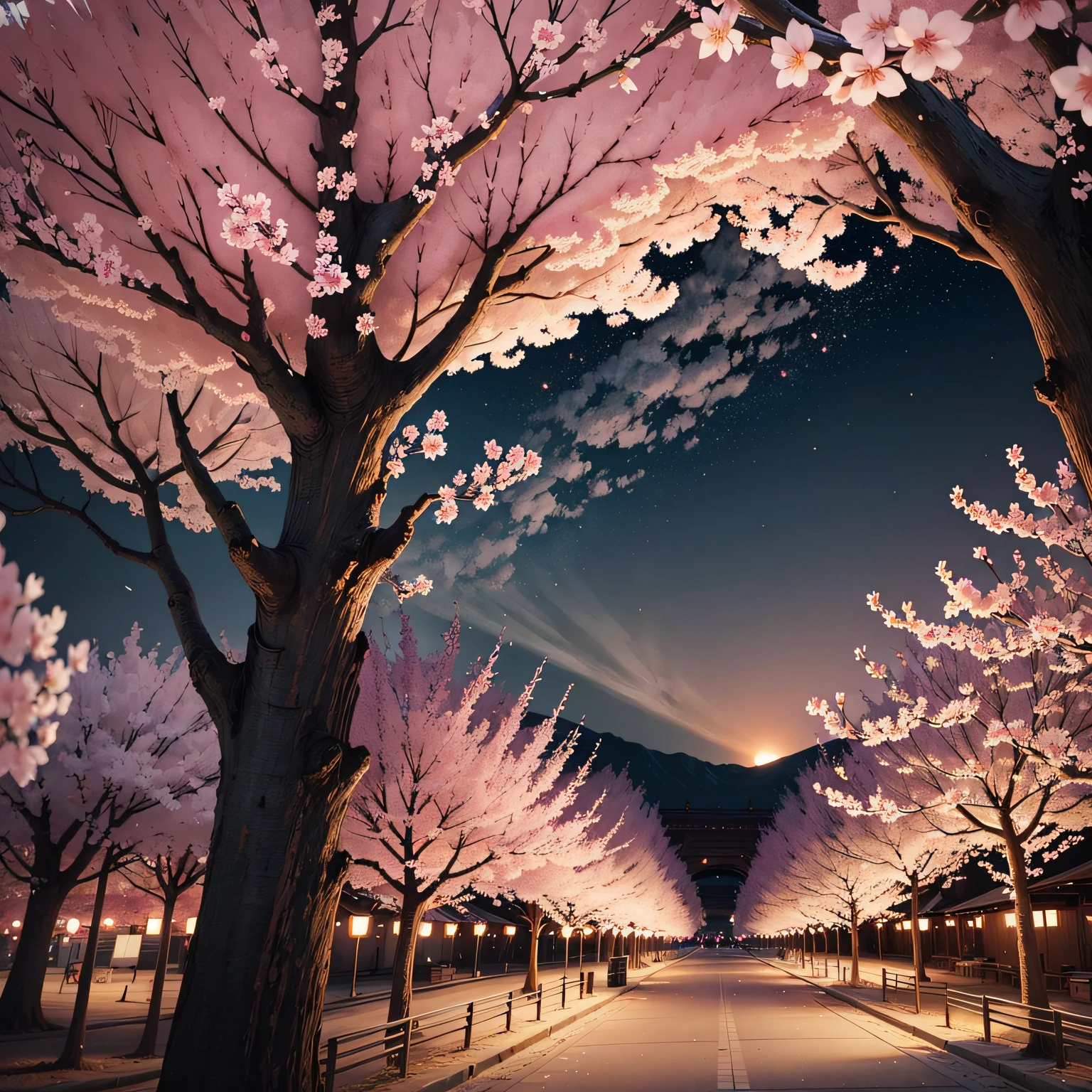 Purple trees in the park,Lights on,sidewalk, sakura season dynamic lighting, purple lighting, purple scene lighting, purple lighting, Cherry blossom trees, cherry blossom forest, purple flower trees, purple lighted street, very beautiful lighting, lights with bloom, sakura tree, purple accent lighting, beautiful image, beautiful lit, beautiful aesthetic lighting, extremely beautiful lighting --auto