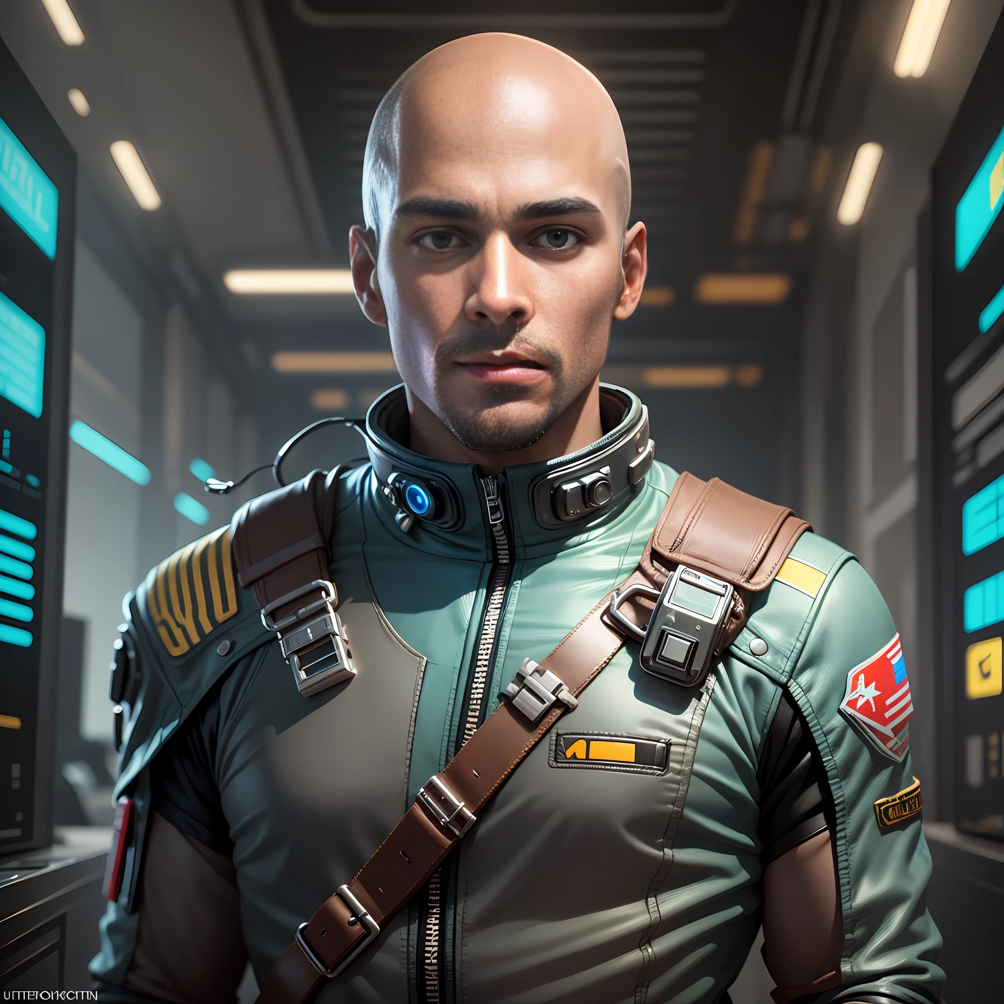 Create a bald, brown-skinned male pilot of a cyberpunk-style spaceship, well detailed, ultra-definition, and realistic --auto --s2