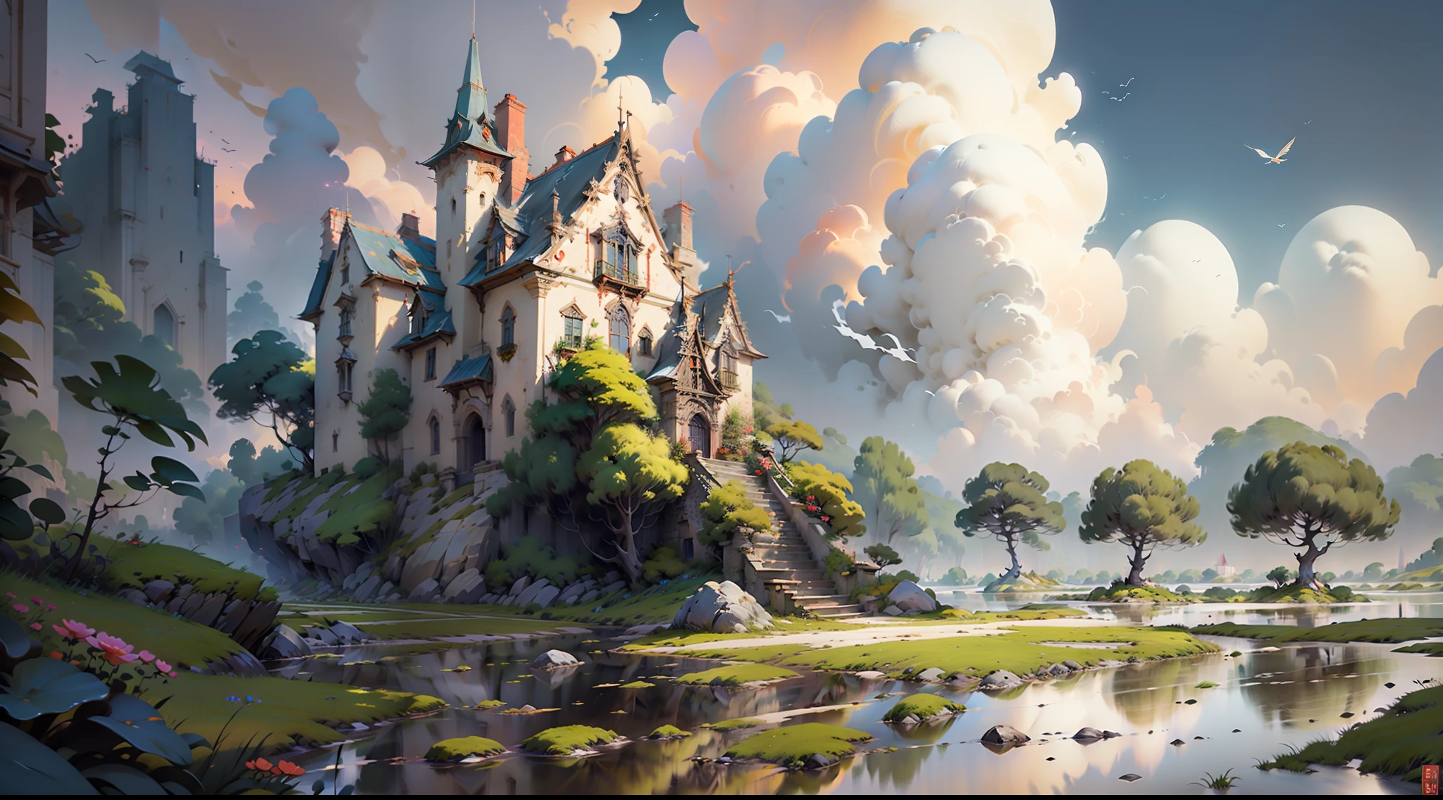 castelo em cima da colina com uma cidadela em volta, imagem intrincada, A beautiful drawing of a realistic medieval castle at sunset the clouds, on the edge of the beach. rose quartz by andrea kowch by charles-francois daubigny daring. Beautiful digital painting of castle in a serene, romantic landscape, by makoto shinkai, beeble, ohara koson and james gilleard, beautiful matte painting, cg, retrowave, 4k hd wallpaper, trending on artstation, highly detailed