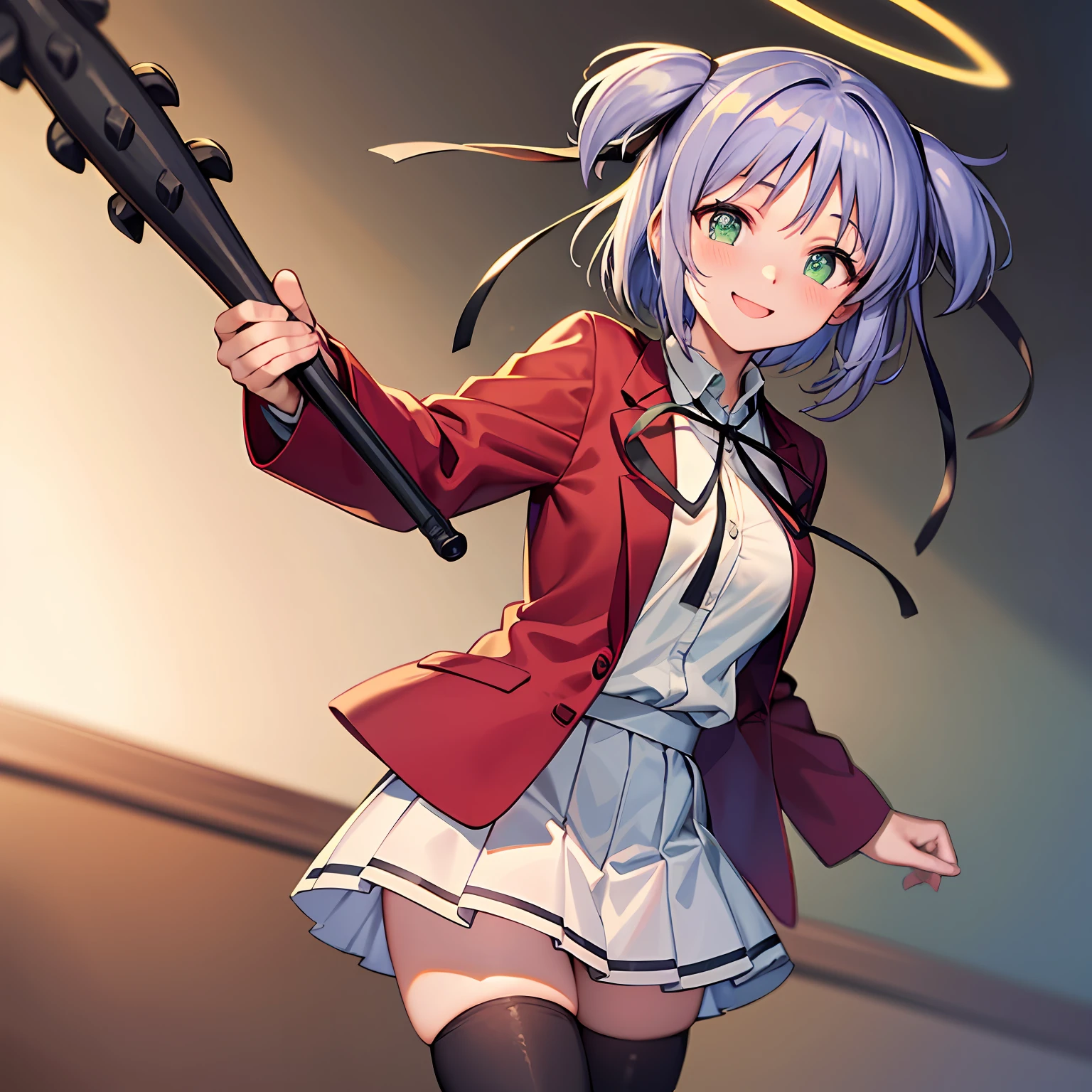 (exceptional, best aesthetic, new, newest, best quality, masterpiece, extremely detailed), 1girl, solo, blush, mitsukaidokuro, smile, bludgeon, red_jacket, white_skirt, black_thighhighs, bludgeon