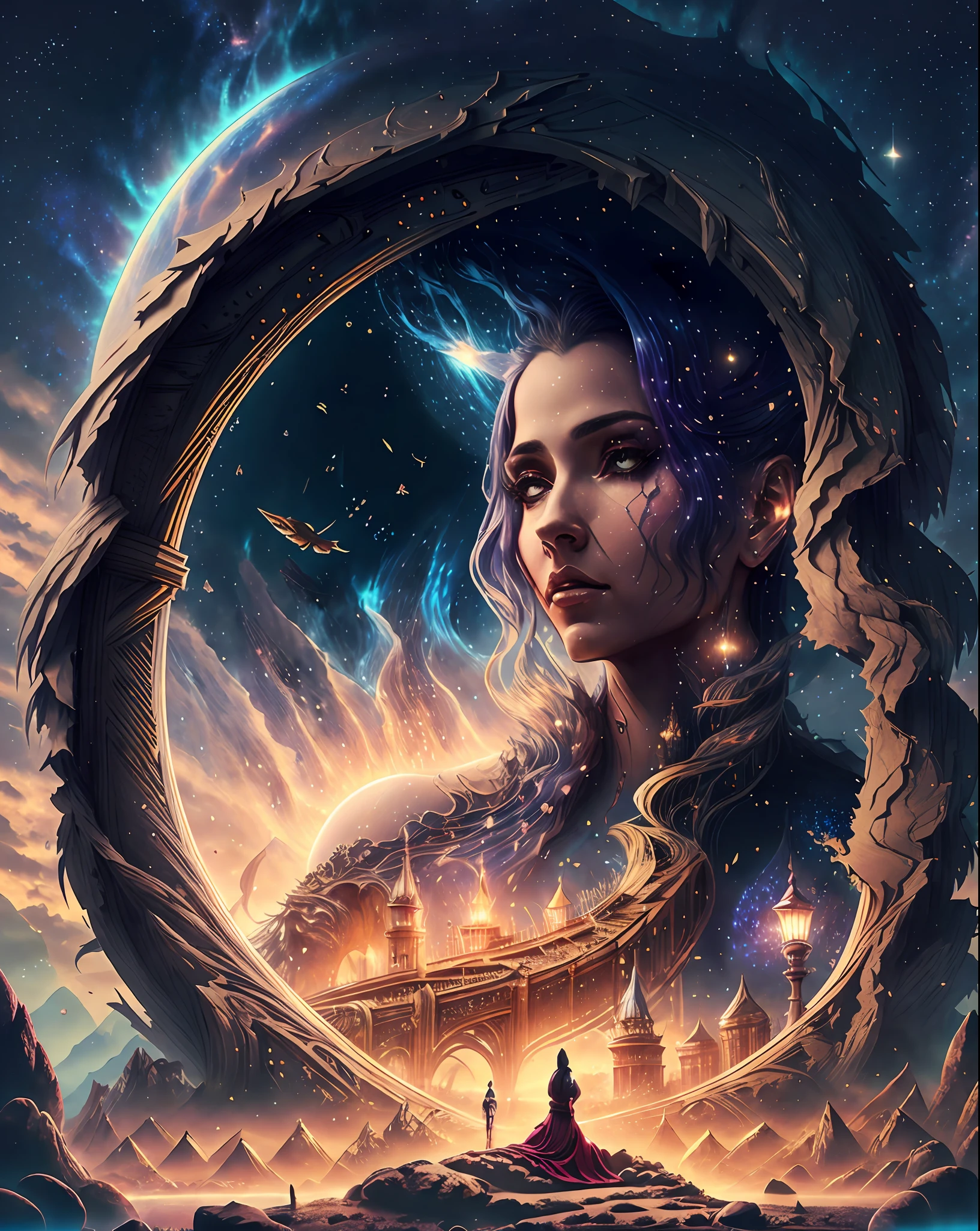 Mulher levitando sobre uma cama, capa de livro de fantasia, sombria, 8k