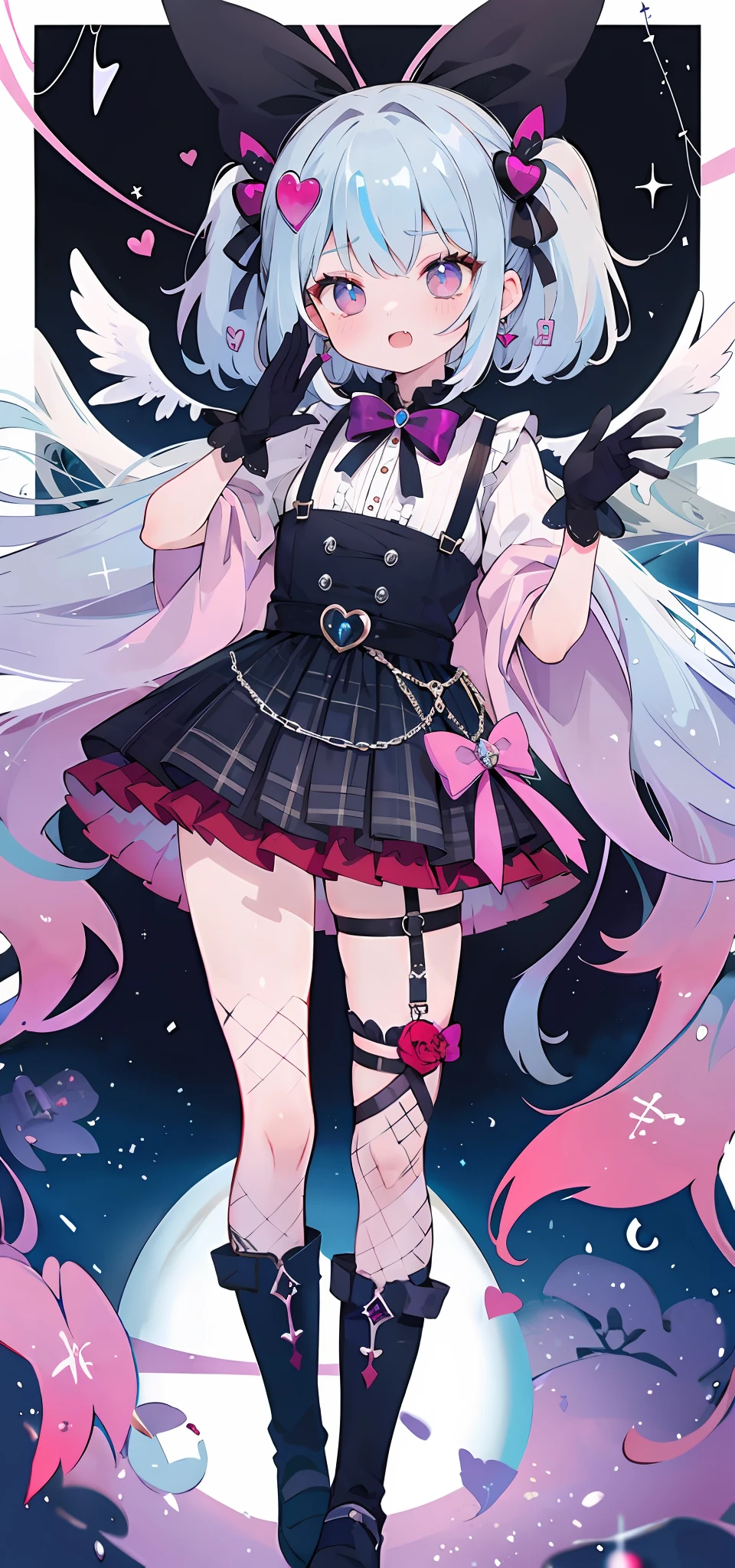 l vampire,fang,Plaid dress,Bow,lolita fashion,Lolita style,Anime girl role play,Lori,Cutes, Angelic beauty, Lori, Portrait of Lolita girl, Purple lattice, y 2 k ,Y2K,Emo style,non-mainstream,Red checkered,Mines are girls,Harajuku style,Exaggerated dressing,Intricate ornaments,Rock style,Gothic style,rivet,ear ring,two color hair,Pink and blue hair,Purple plaid skirt,Half-cut gloves,Leg rings,Suspenders,Metal jewelry,skeletons,Love,Blood,Maniacal laughter,Sick,fishnet stockings,Unilateral eye patch,crosses,moonlit night,Thorny rose,Dramatic composition,volumettic light