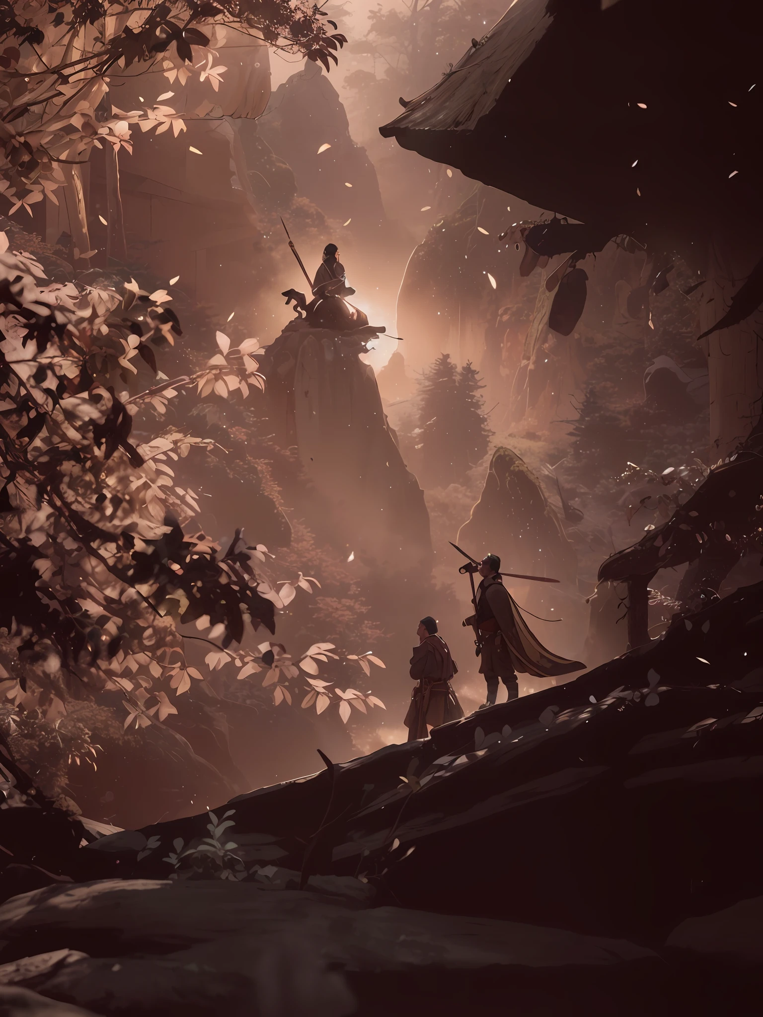 Forest Realm of Everlasting Leaves:
The kingdom's army is made up of highly skilled elven archers. They wear green and gray robes, made of light and resistant fabrics, which blend in perfectly among the trees. Their clothes are embroidered with leaves and twigs, and they carry elegant bows, made of oak wood with silver accents. For protection, they wear leather armbands and elbow pads, as well as soft boots that give them agility in dense forests. guerreiro segura uma espada, costas, antigo, 4K, super alta qualidade, A bright moon in the sky, sombra, cinemac lighting